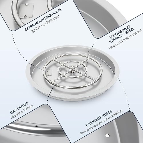 Miniatura 3 de Sartén para hoguera de acero inoxidable de 25 pulgadas, bandeja para hoguera con anillo de quemador y kit de encendido por chispa, para chimenea