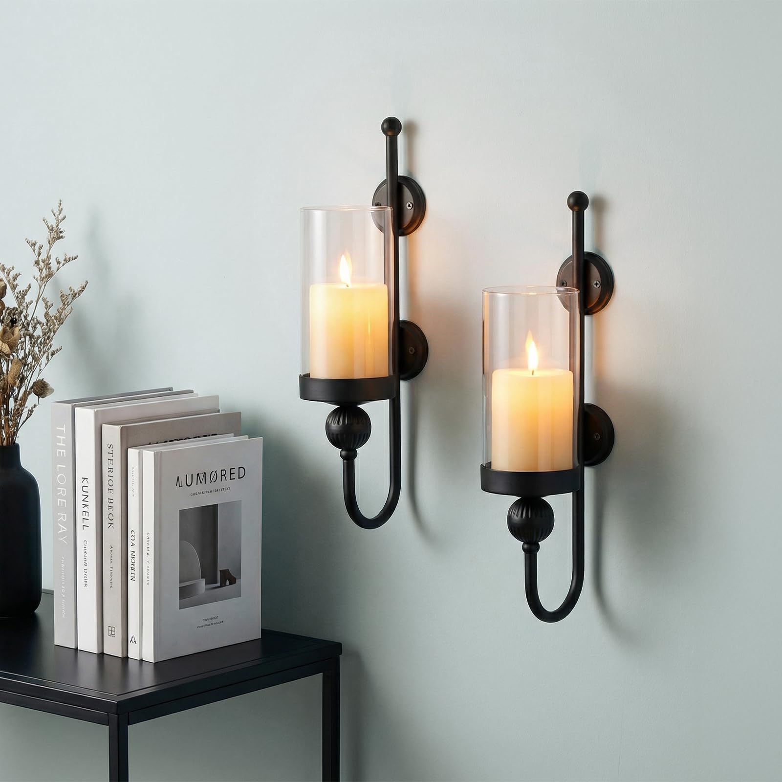Sziqiqi Negro Portavelas de Pared Metálicos: Apliques para Pilares Juego de 2 con Cristales Antiviento - Soportes Modernos de Pared para Velas como Decoración de Pared para Salón Baño Dormitorio