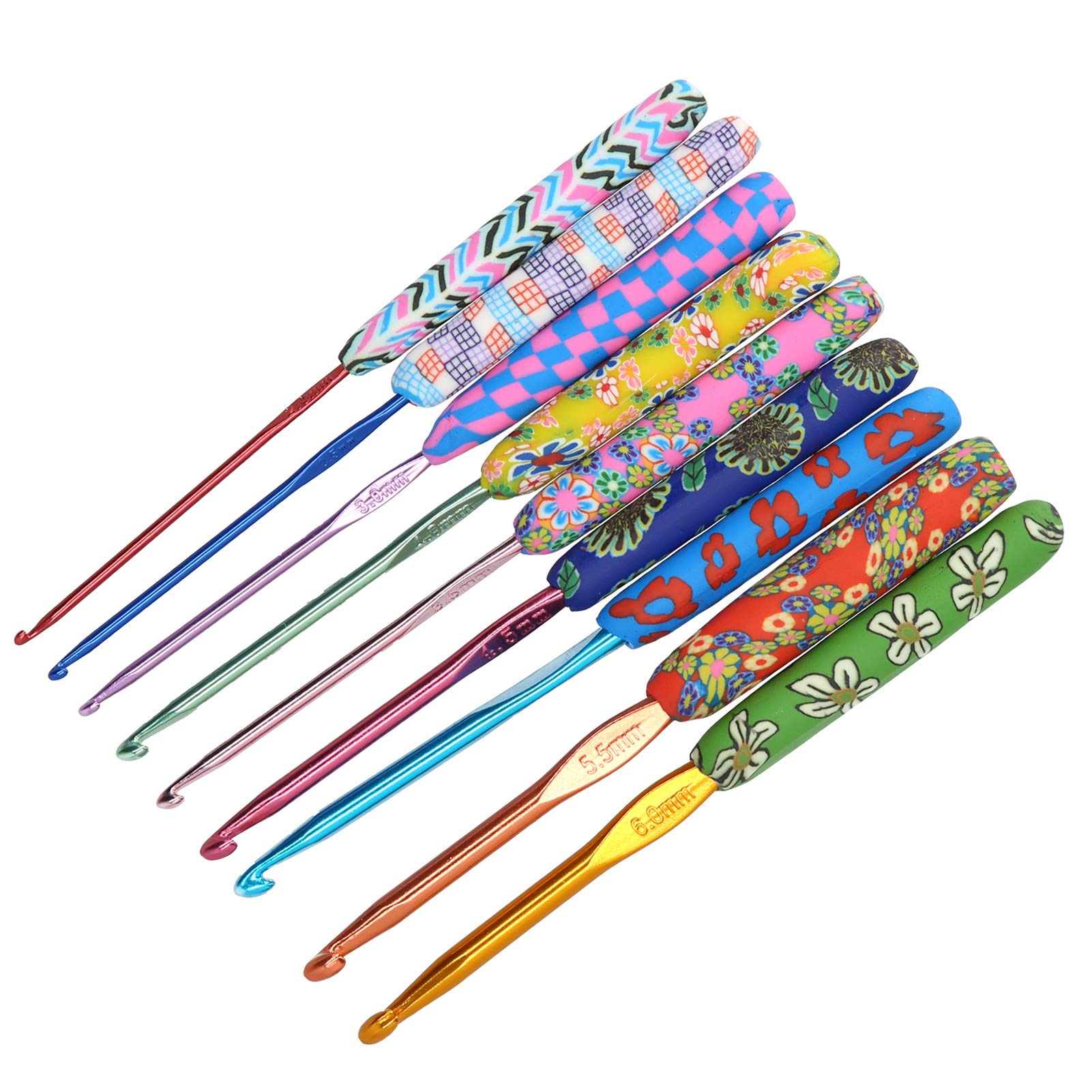 Ejoyous 9 Sztuk Szydełek, Drutów, Haczyków do Włóczki, Ergonomiczny Uchwyt, Aluminiowe, Kodowane Kolorami, Ponumerowane, Zestaw Gładkich Haczyków dla Kobiet, Matek, babć, Początkujących