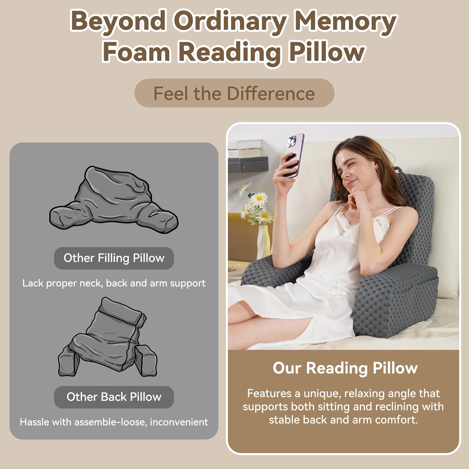 Bed Reading Pillow Back Support with Arms, Removable Pillowcase for Book Working Gaming Resting Watching TV, Gray White/20in