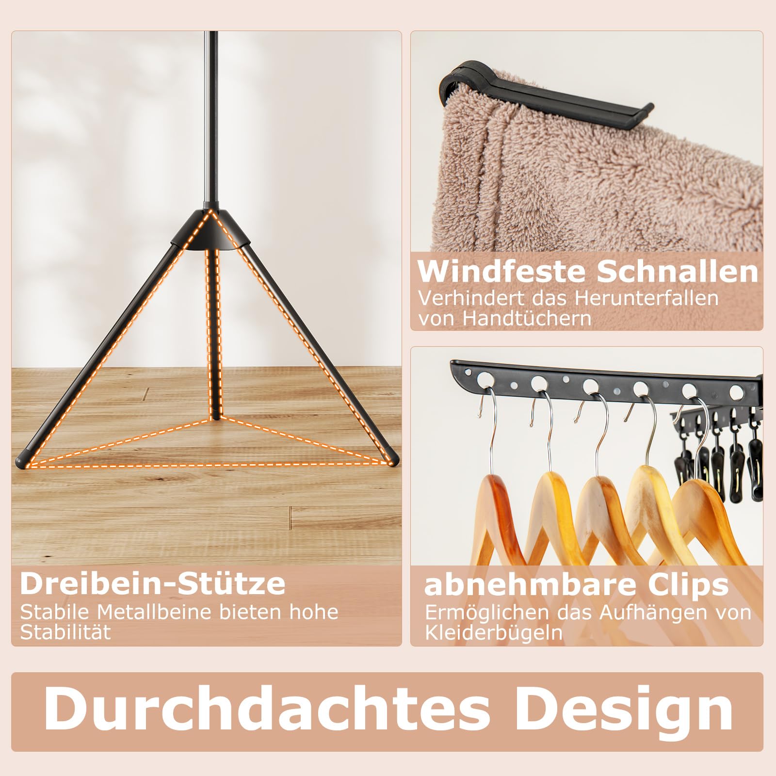 COSTWAY 3-stufiger Wäscheständer klappbar, 178cm freistehender Dreibein-Trockenständer mit 24 Clips & 32 Stangen, platzsparender Handtuchtrockner mit 360° drehbaren Armen, Schwarz