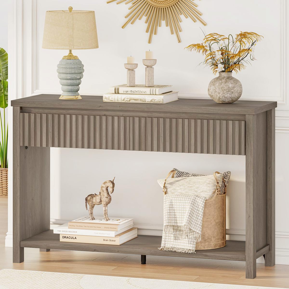 BON AUGURE Console Table with Storage, Entryway Table with Drawers, 47In Couch Tables Behind Sofa, Sofa Tables with Two-Tier Shelf for Living Room, Hallway, Front Door, Greige Oak