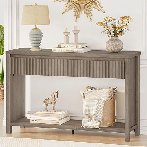 Miniatura 13 de BON AUGURE Mesa de entrada con almacenamiento, mesa consola de 47 pulgadas con 2 cajones, mesas consola de sofá de dos niveles para sala de estar,