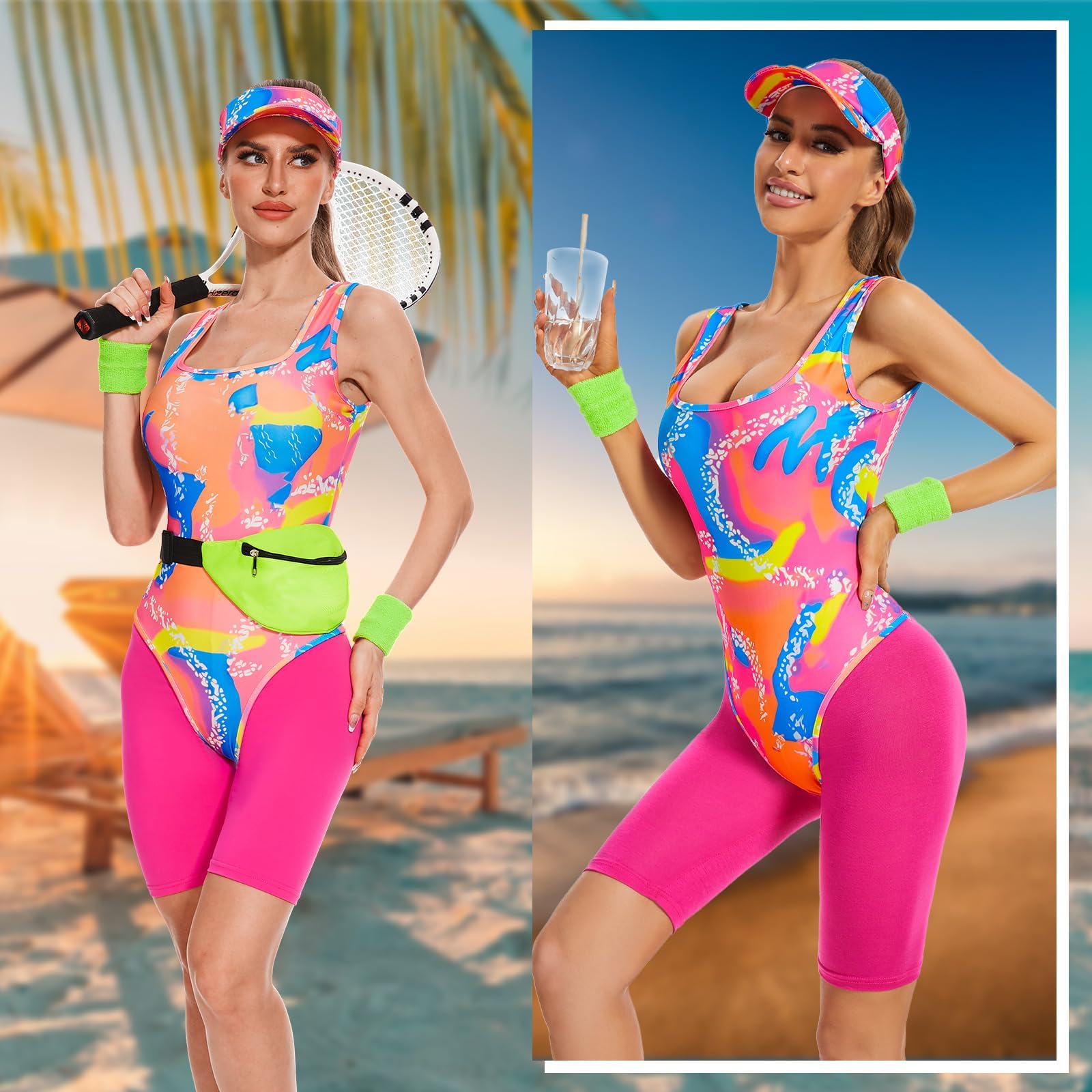 Disfraz de los años 80 para mujer, disfraz de entrenamiento de los años 80, accesorios con riñonera, parasol, muñequera, disfraz de patinaje en películas para Halloween y cosplay