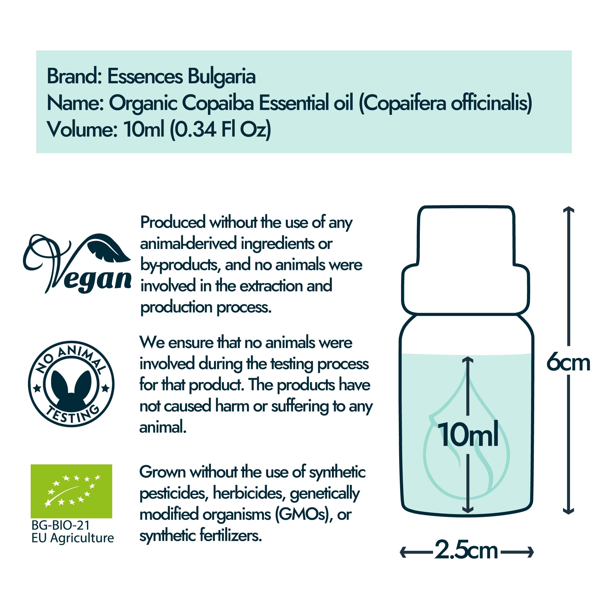 Essences Bulgaria Olio Essenziale di Copaiba Biologico 10 ml | Copaifera officinalis | 100% Puro e Naturale | Non Diluito | Grado Terapeutico | Aromaterapia | Cosmetici | Senza crudeltà | Non OGM