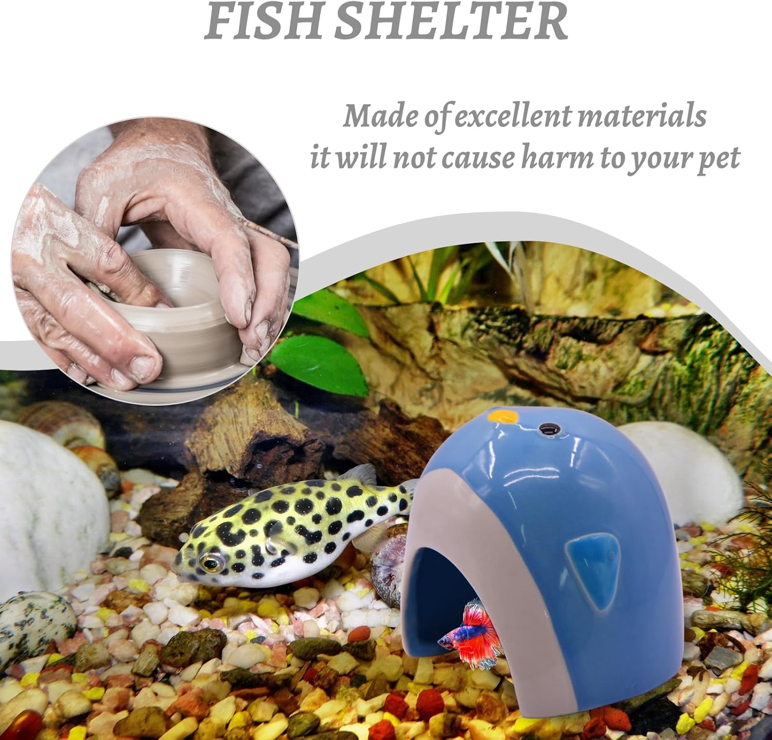 AnRui Ceramic Aquarium Decorations Cute Penguin Fish Tank Hideout Cave Aquarium Accessories Decor Ornaments for Cichlid, Small Fish, Shrimp to Play Hide Breed Habitat, Blue