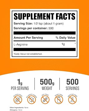 L-Arginine Powder - L-Arginine Base, Arginine 1000mg, Arginine Supplement - Nitric Oxide Powder, Nitrous Oxide Supplement - Gluten Free, 1000mg per Serving, 500g (1.1 lbs)