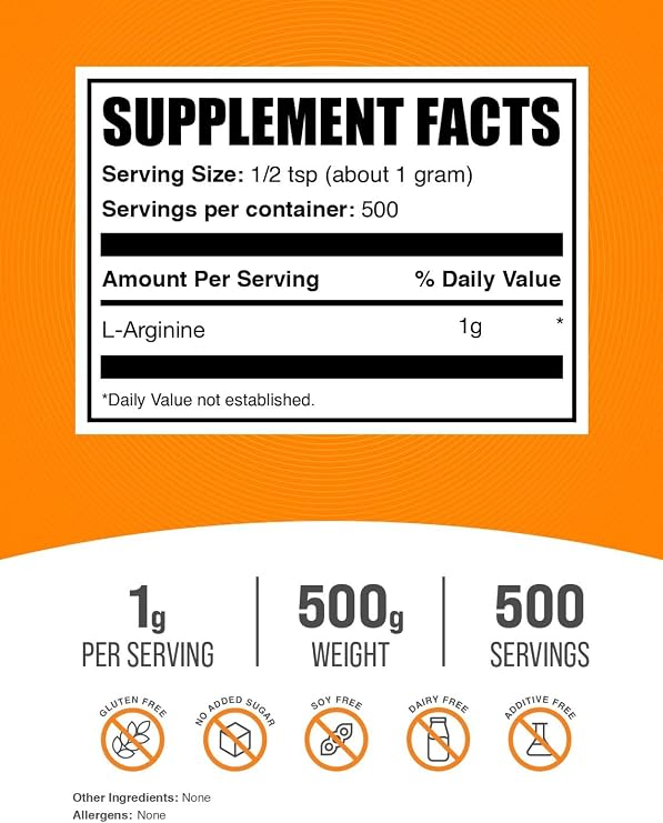 L-Arginine Powder - L-Arginine Base, Arginine 1000mg, Arginine Supplement - Nitric Oxide Powder, Nitrous Oxide Supplement - Gluten Free, 1000mg per Serving, 500g (1.1 lbs)