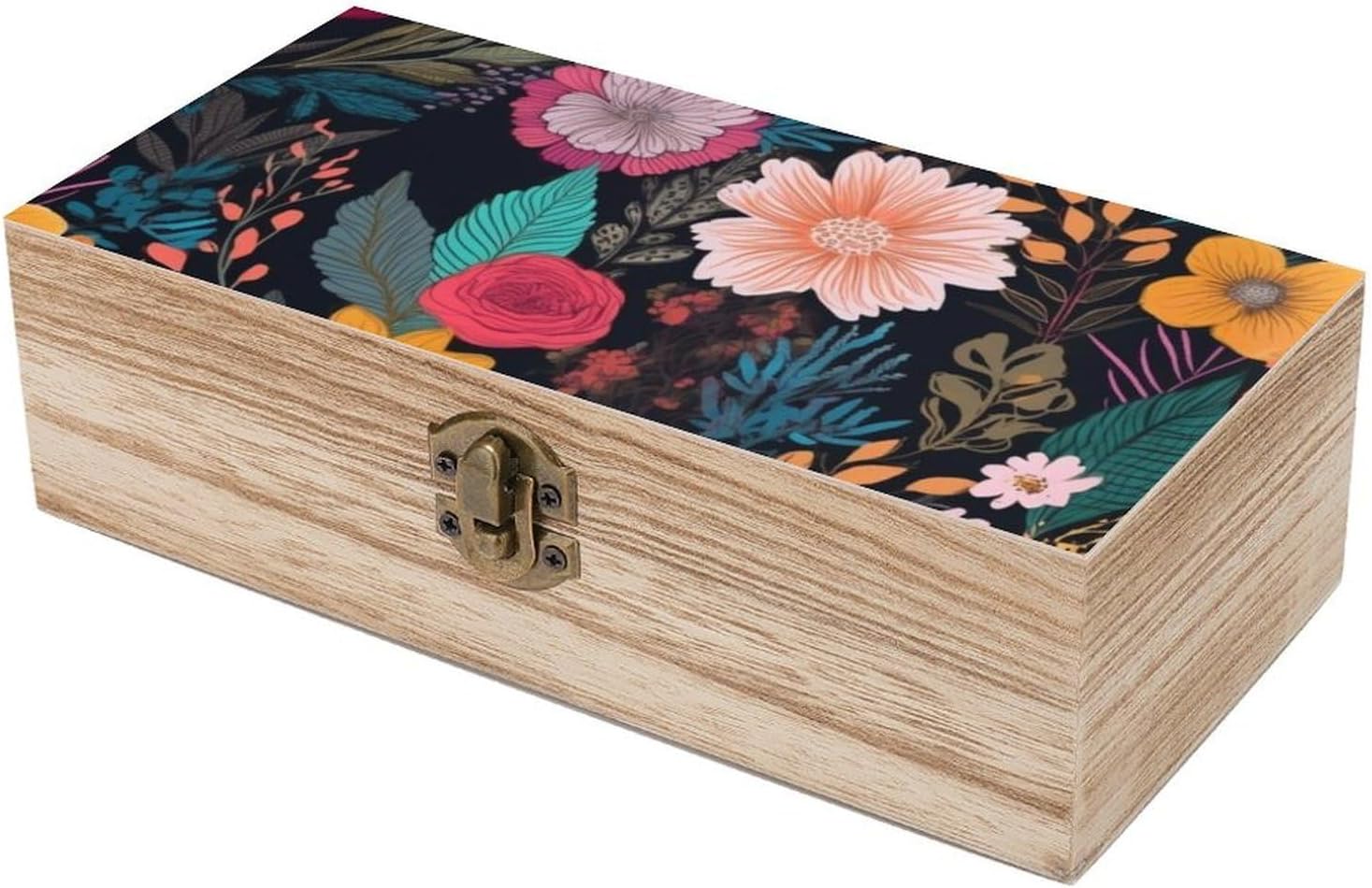 Colorful Boho Floral Wooden Box with Hinged Lid, Large Photo Storage Box for Women Men, Keepsake Treasure Chest Boxes, Jewelry Organiser Case, Memory Case, 7.9'' X 3.9'' X2.3''