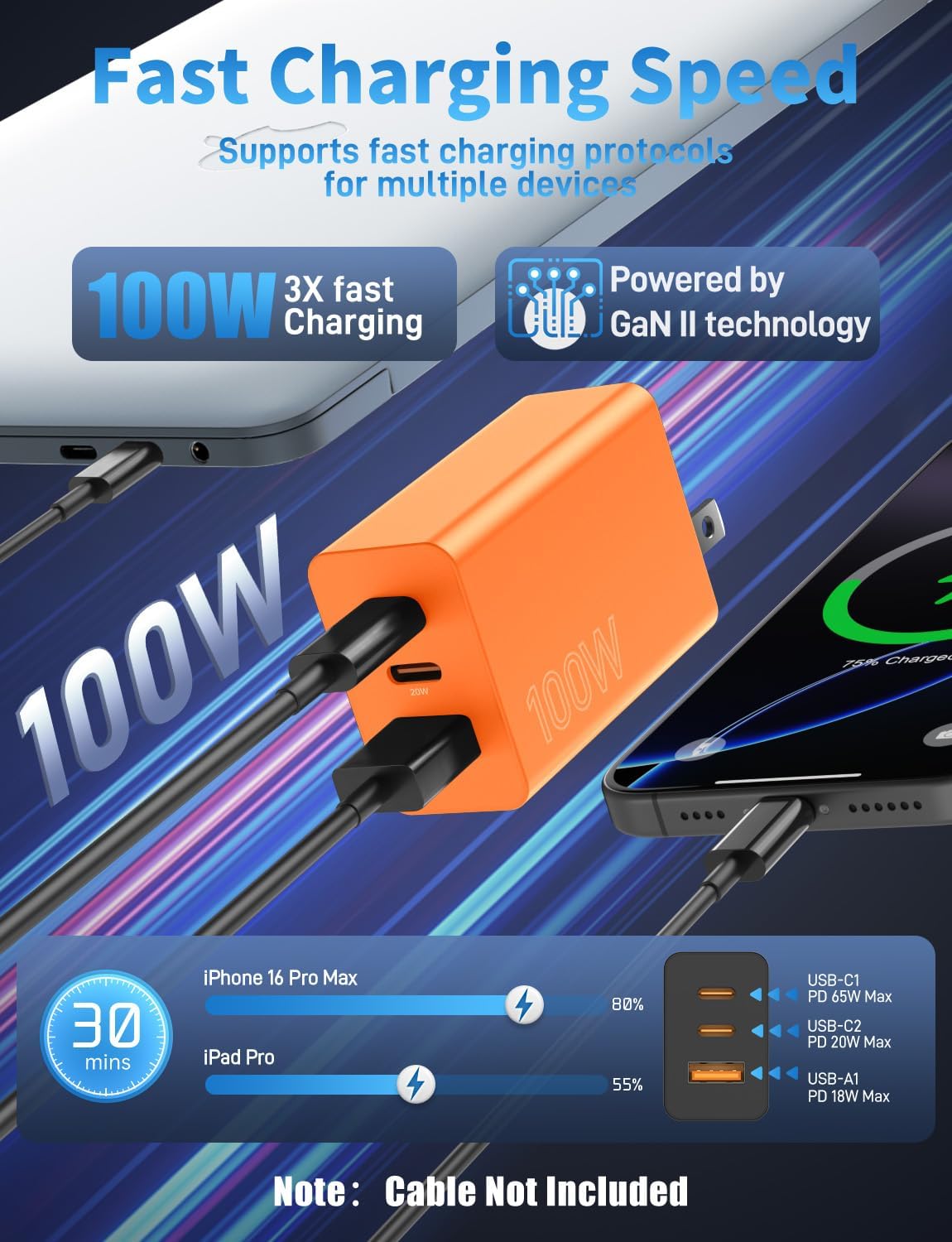 2Pack 100W USB C Charger Block, 3Port Fast Charging Adapter, Type C Fast Charging Blocks Cube PD USBC Wall Plug+QC3.0 USB A Charger Brick for MacBook Pro/Air,iPad,iPhone 17/16,Samsung S25 &More-Orange