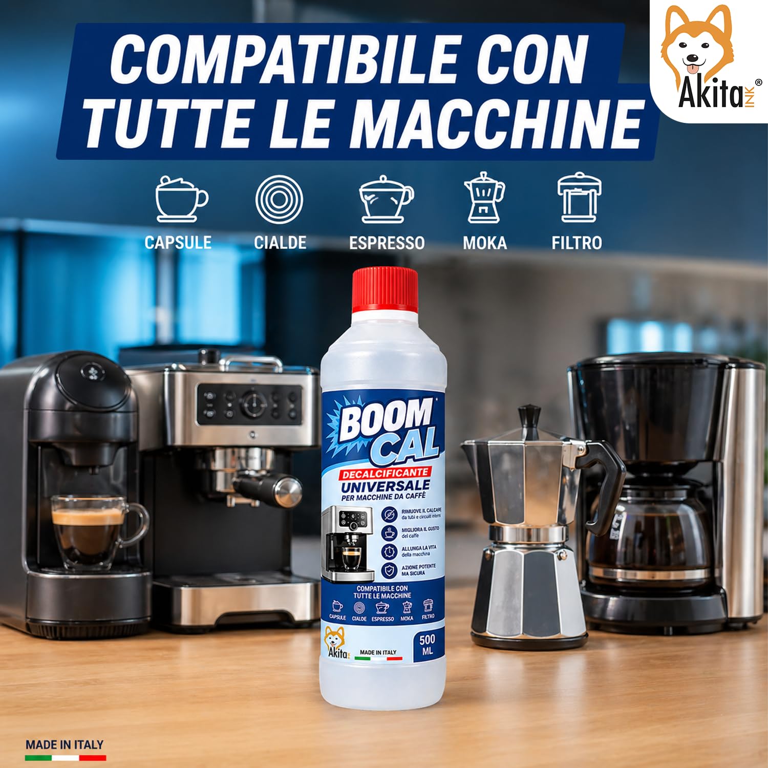 Akitaink Decalcificante Universale per Macchine da Caffè 1000 ml, 2 Flaconi da 500 ml per Pulizia e Manutenzione di Macchine Espresso e Automatiche