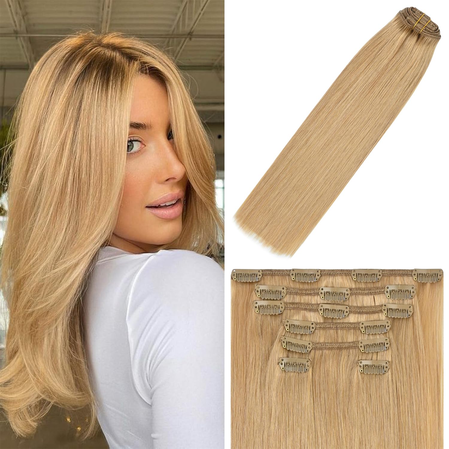 WindTouch Clip in Hair Extensions Remy Hair Real Human Hair Extensions Honey Blonde 12Inch 75g 7PCS #27 for women
