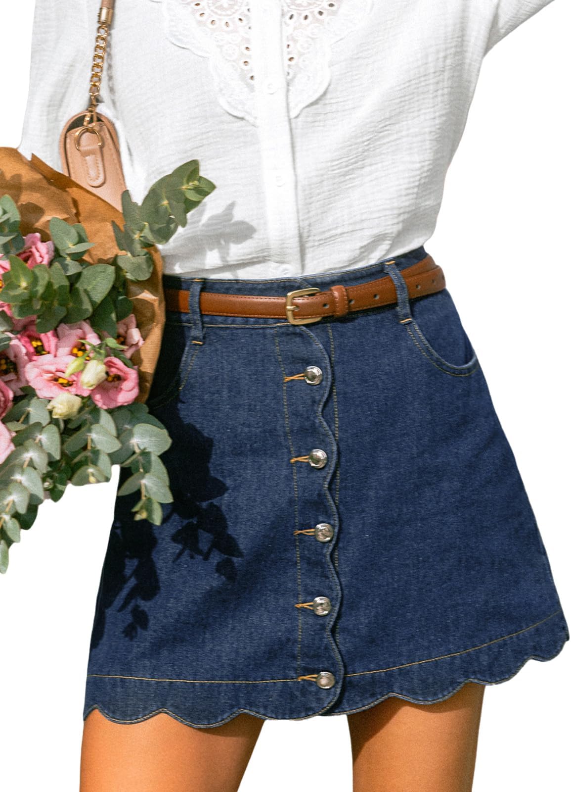 Women’s Denim Mini Skirt Button Front A-Line Jean High Waist Scalloped Hem Casual Outfits