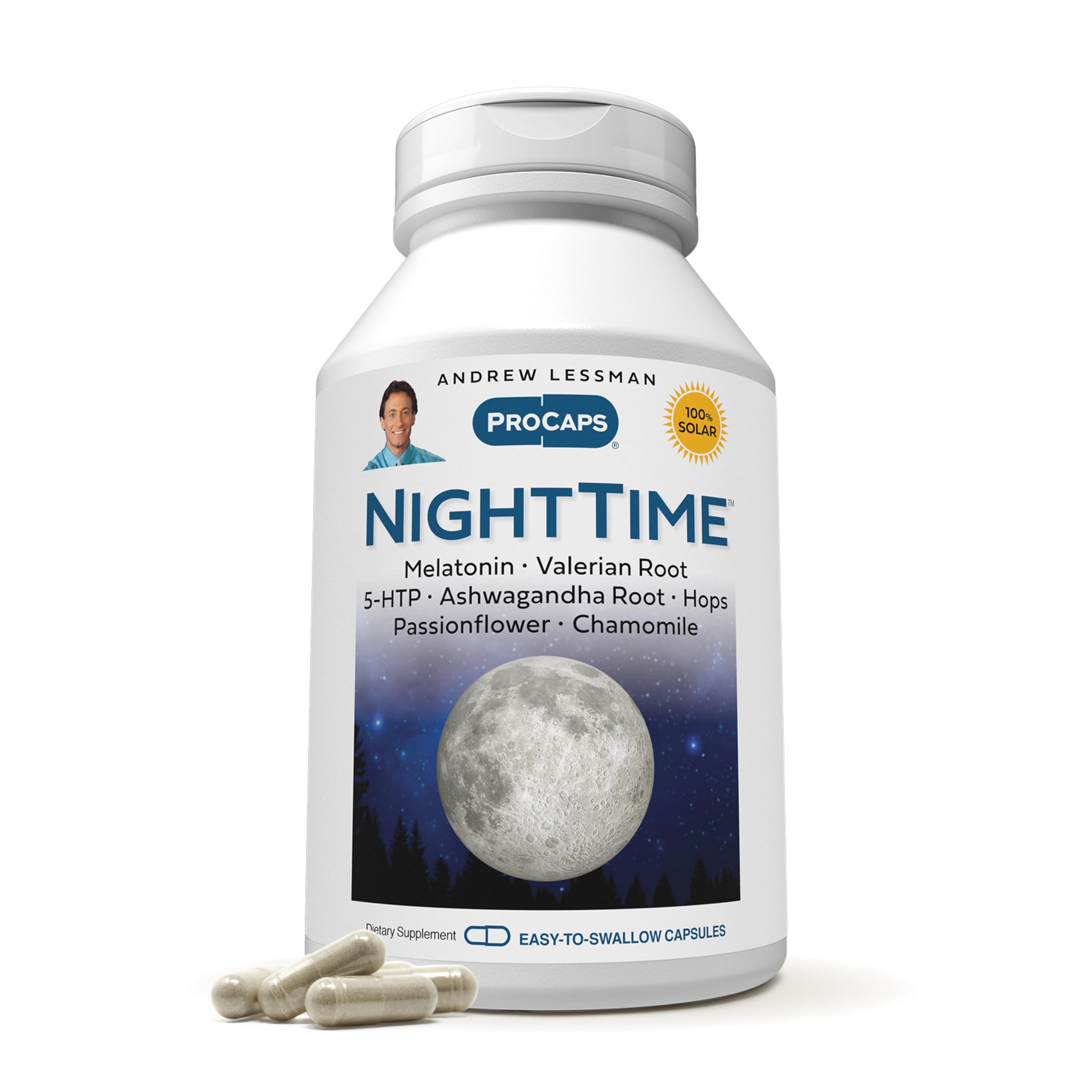 ANDREW LESSMAN Night Time 60 Capsules - 3mg Melatonin, Valerian, Ashwagandha, Passionflower, Hops, Chamomile. No Morning Grogginess. Natural Support,