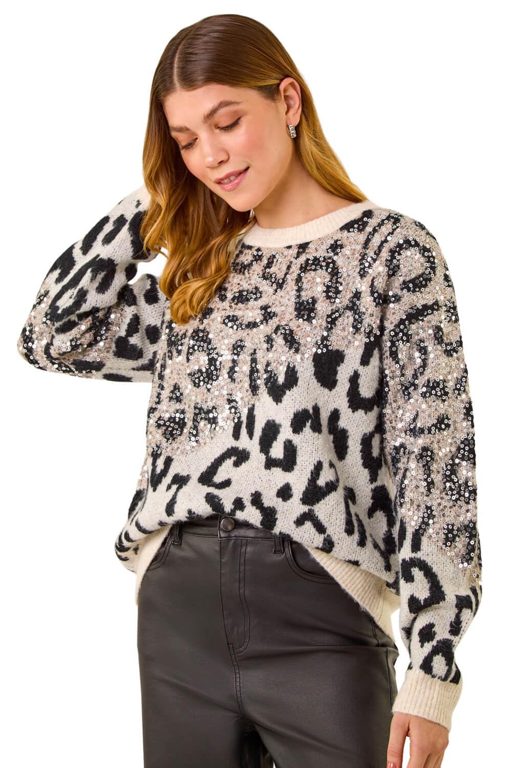 Roman Originals Women's White Sequin Animal Print Knit Jumper For Uk - Everyday Autumn Winter Crew Neckline Comfy Soft Evening Vacation Work Party Night Out - Ivory - Size One