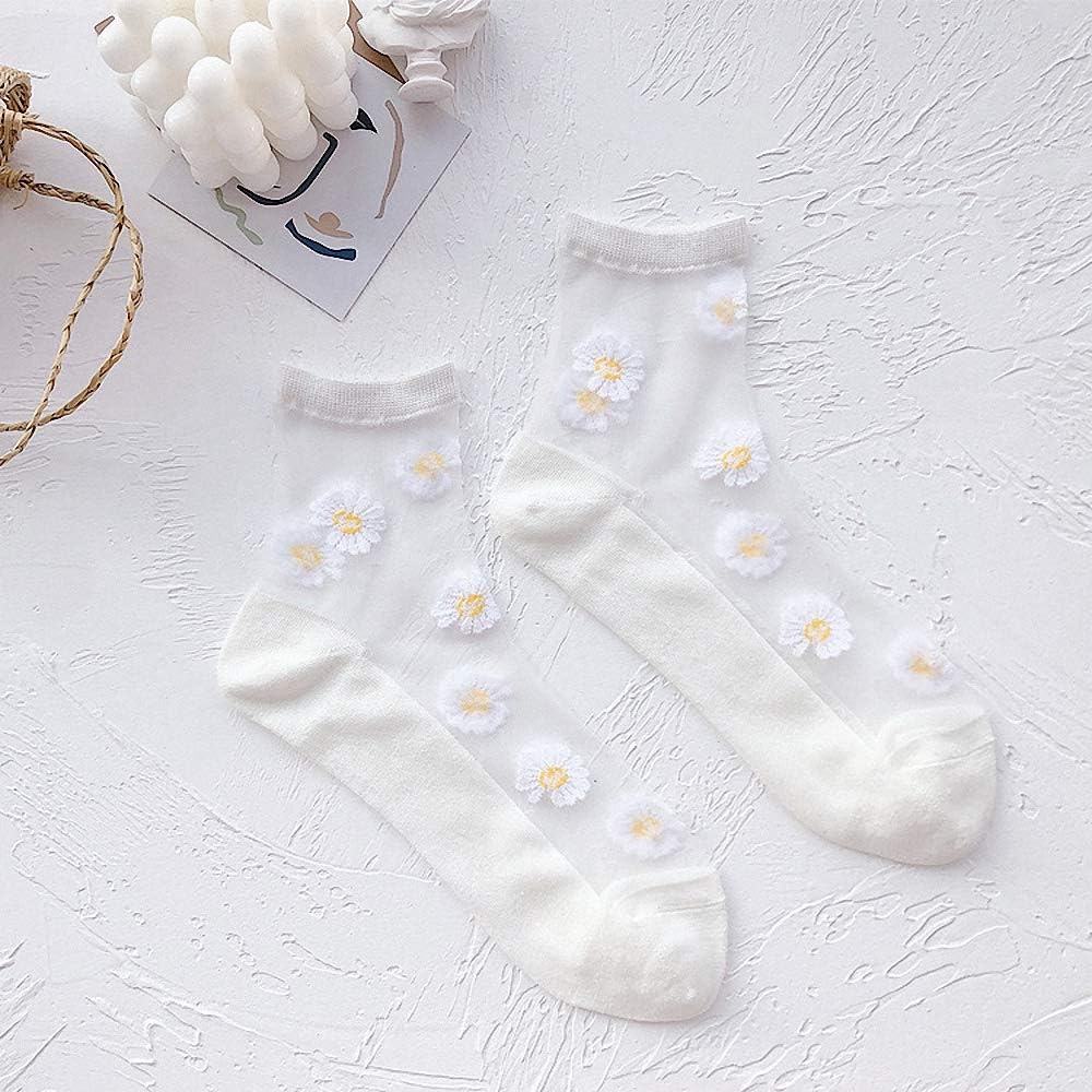 Women Sheer Transparent Lace Embroidery Panel Crystal Sparkly Socks 5 Pack