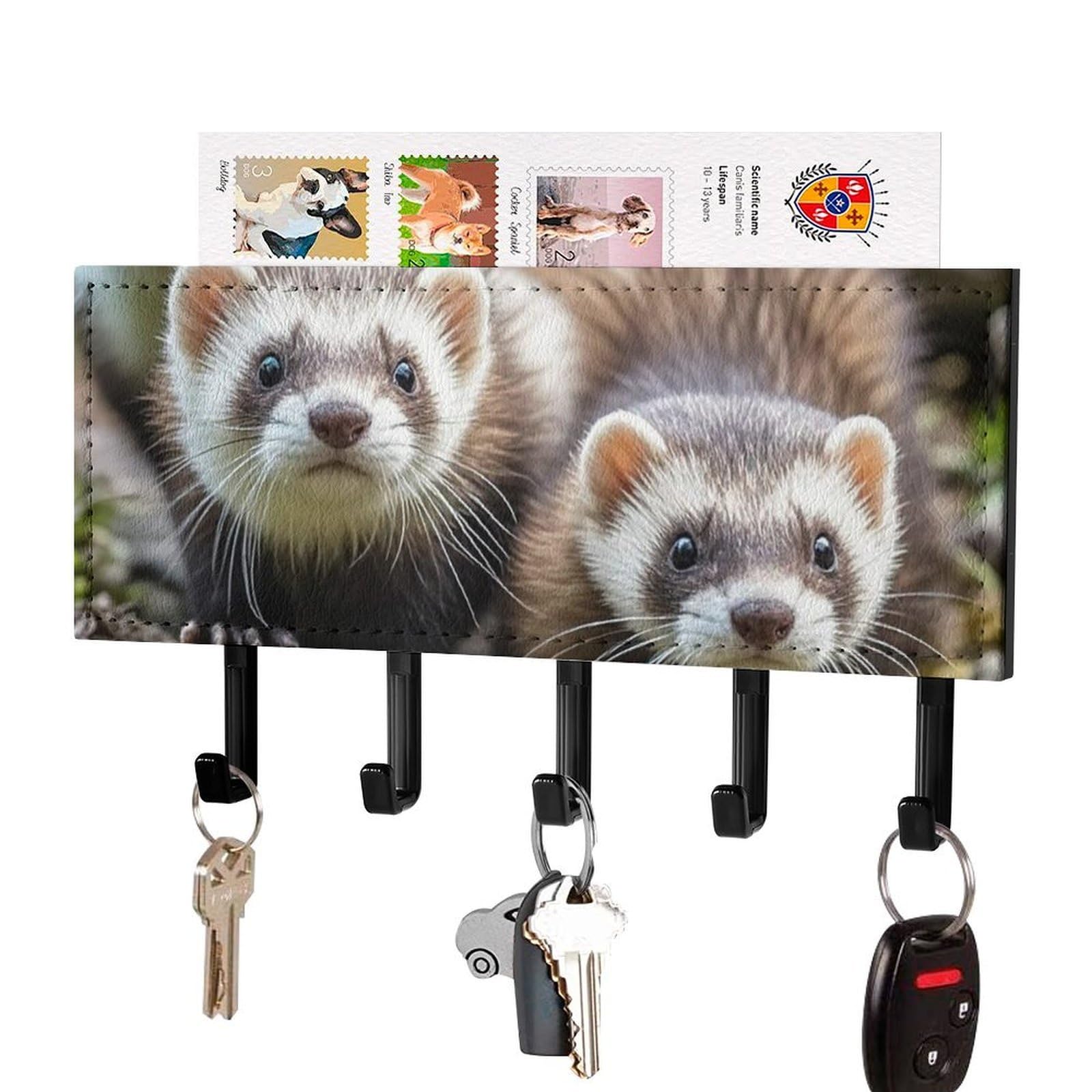 FekiLoot Ferrets Key Holder Wall Mount Key Hanger with 5 Hooks Decorative Key Rack Hanging Key Hooks with Mail Organizer Key Holder for Wall Living Room Kitchen Bathroom Hallway Black