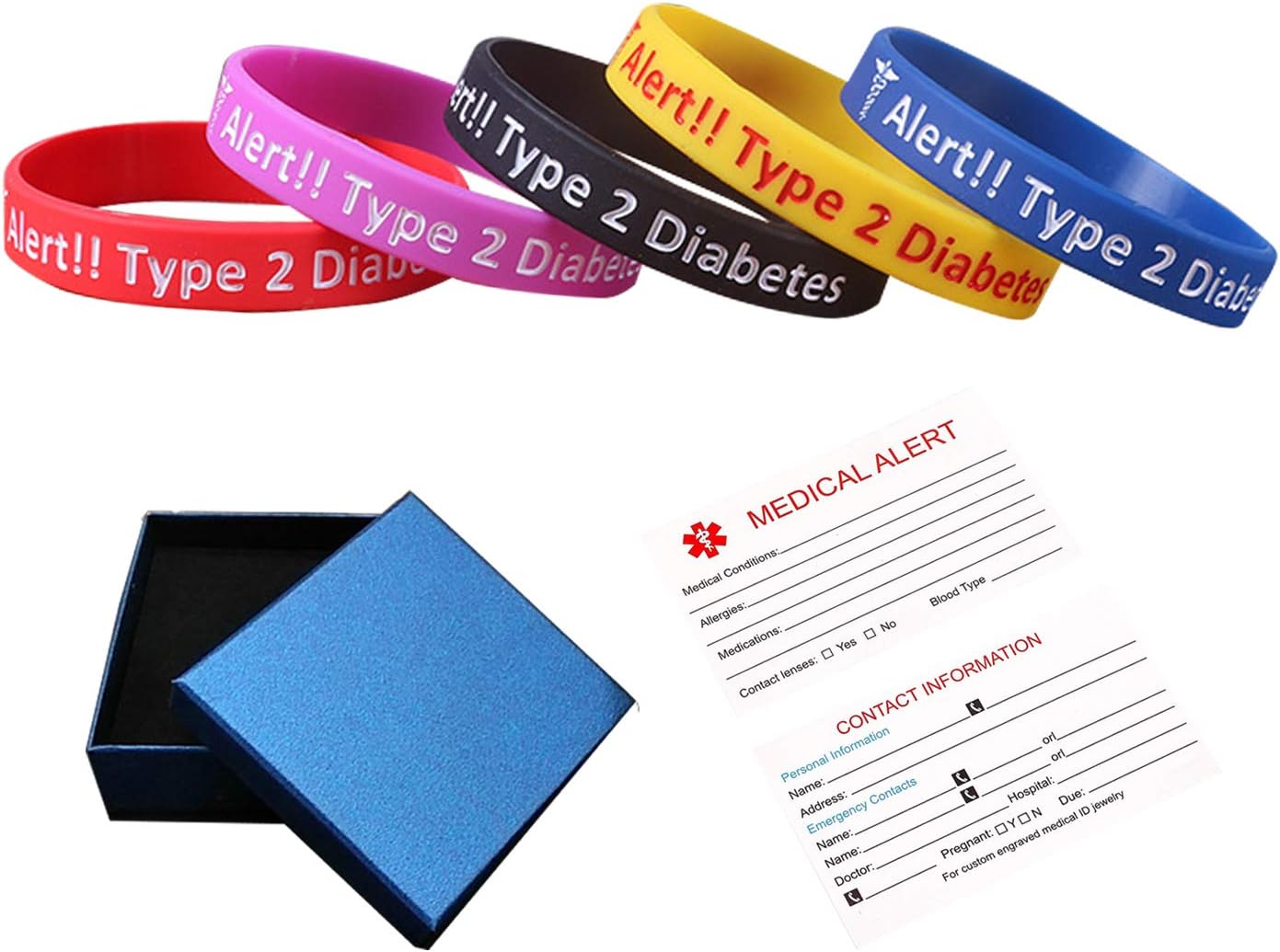 Lyndong 5 Pack Type 2 Diabetes Silicone Medical Alert ID Bracelet Wristbands