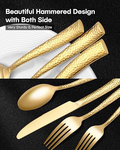 Miniatura 6 de EUIRIO Juego de cubiertos dorados martillados con cuchillos para carne, juego de cubiertos de acero inoxidable de 48 piezas para 8, juego de