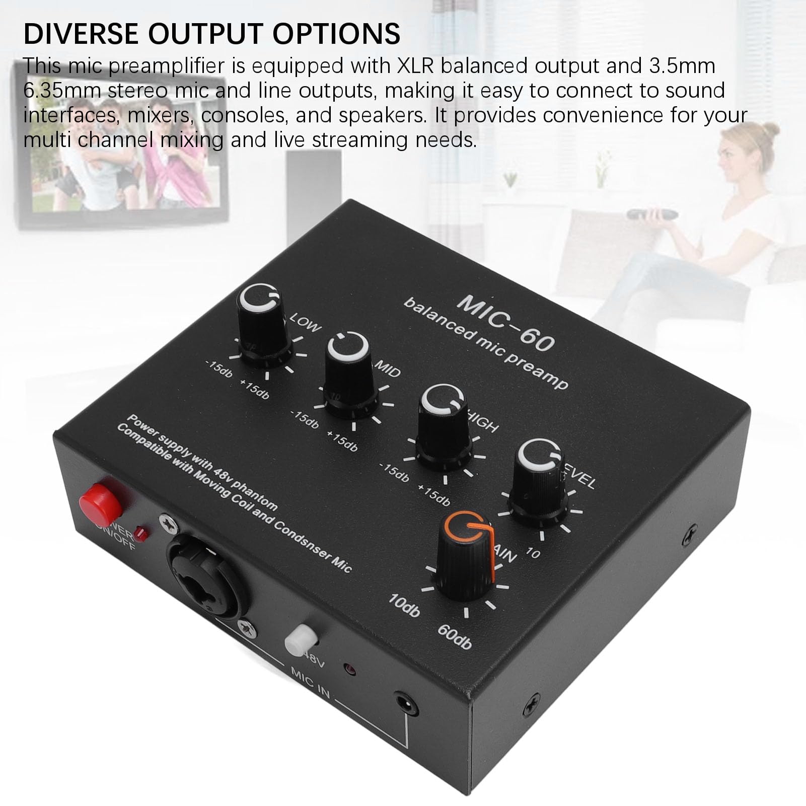 Préampli Micro, 60 DB Gain élevé, 48V Power, 3,5mm/6,35mm/XLR Sortie, Préamplificateur de Microphone, Préampli Microphone pour Micro à Condenseur et Dynamique (Prise UE)