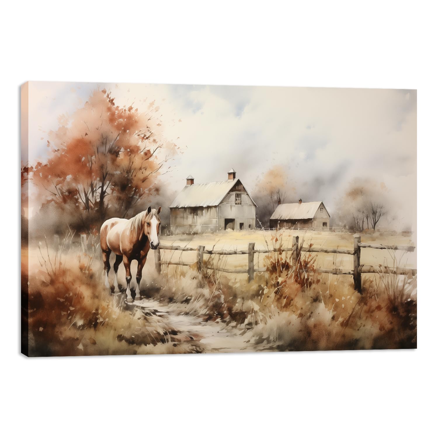 MODOJOART Rustic Farmhouse Canvas Wall Art, Old Barns Country Road Fences Horse Painting Poster Vintage Farmhouse Picture Print for Kitchen Dining