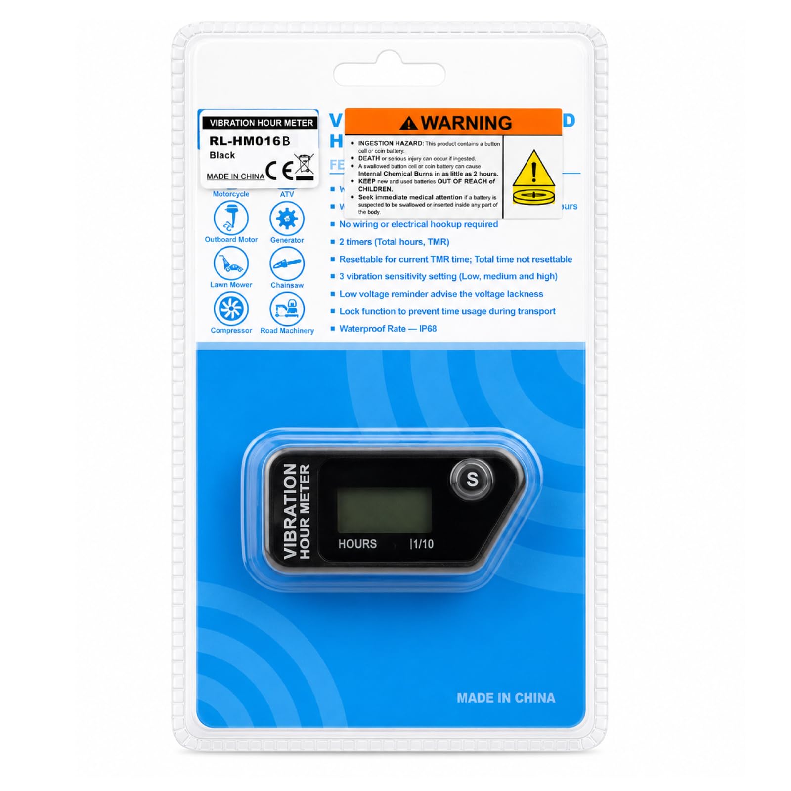 Runleader RL-HM016B Compteur d'heures à vibration LCD | étanche IP68 sans fil avec verrouillage écran et fréquence réglable pour tondeuse, générateur, moto, tronçonneuse