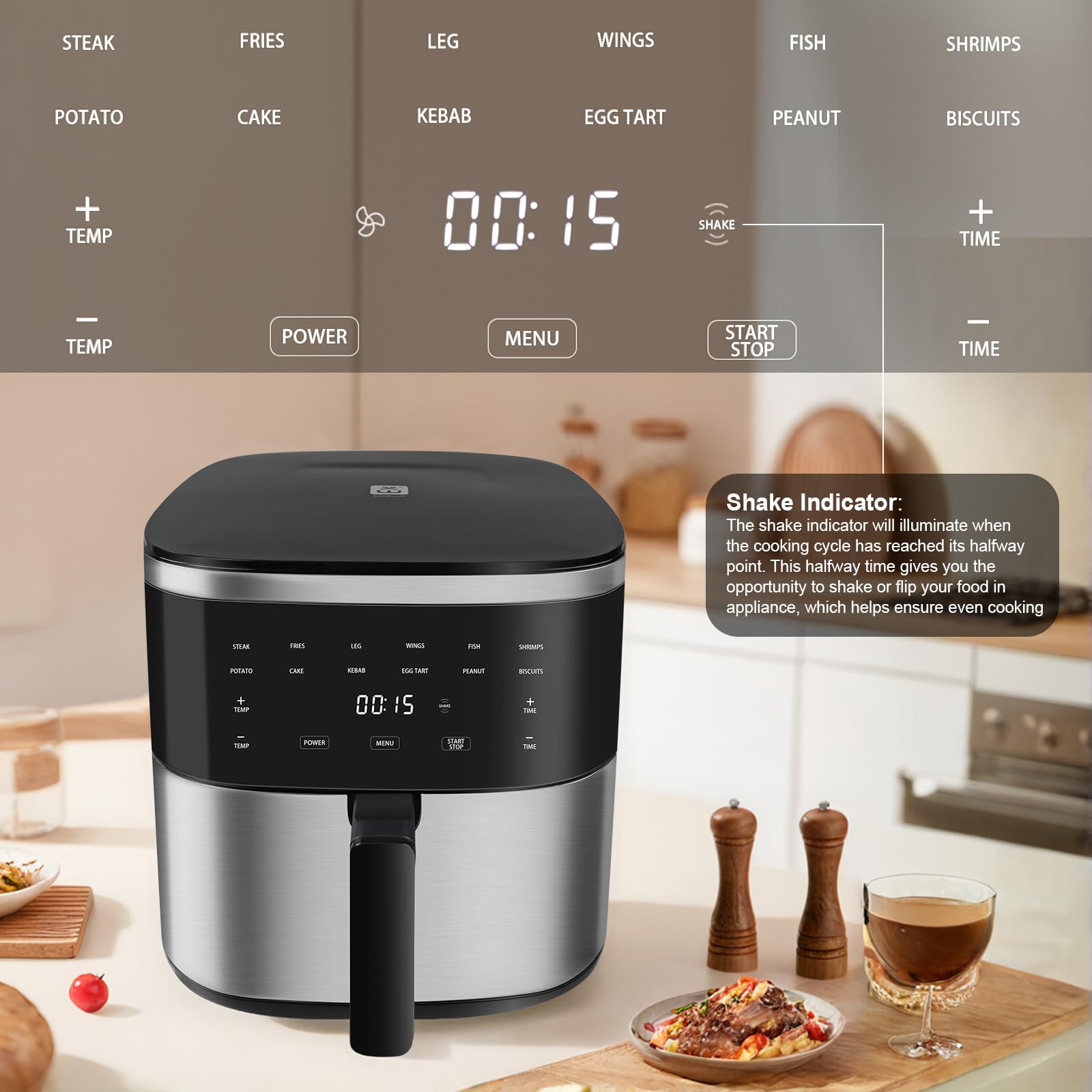 Friggitrice ad Aria 7 Litri, Airfryer Senza Olio con Touch Screen, Friggitrice XXL 1800W, Modalità Shake, One-Touch Display, Tempo e Temperatura Regolabili 80-200℃