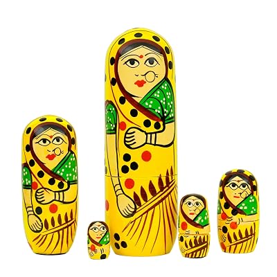 Fine Craft India Set of 5Pcs Hand Painted Cute Wooden Russian Matryoshka Stacking Nested Wood Dolls – Yellow