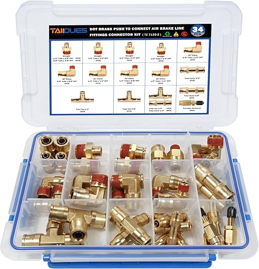 34 Pcs Brass DOT Air Brake Line Fittings Assortment, 1/4" 3