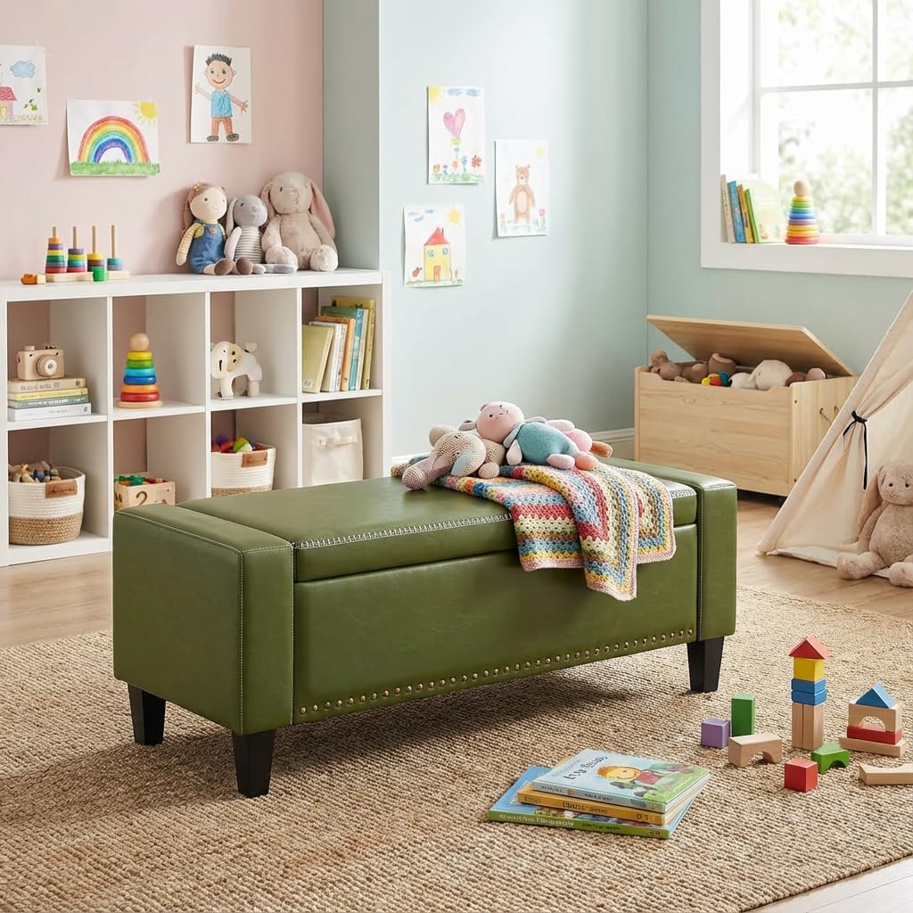 49''W Storage Ottoman Bench, 30 Gallons End of Bed Bench, Faux Leather, Mid Century Modern, Upholstered Bench with Storage and Seat for Entryway, Living Room, Holds up to 350 lb, Green