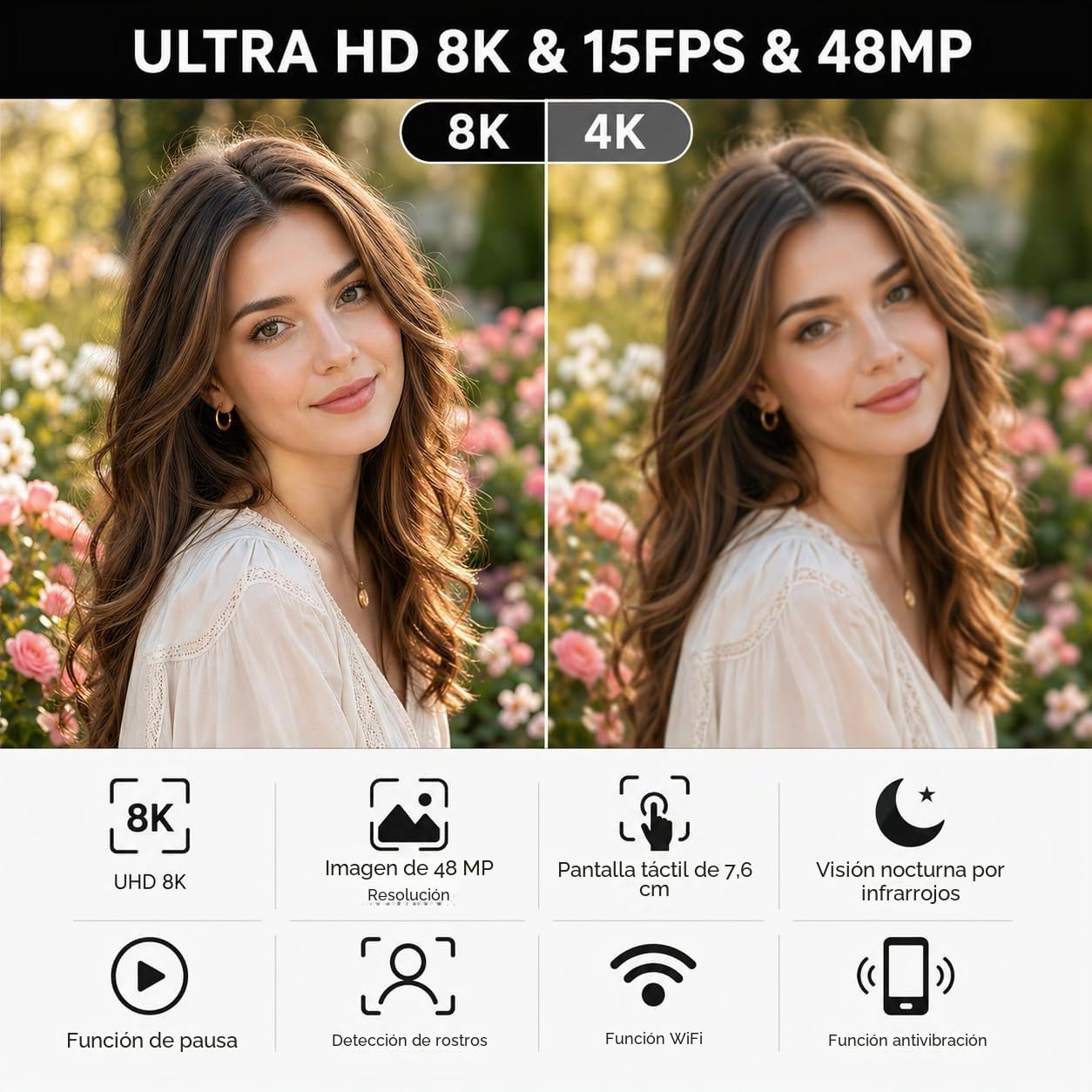 Cámara de vídeo, videocámara 8K 48MP 15FPS UHD WiFi cámara de vlogging con visión nocturna IR para YouTube, pantalla táctil de 7,6 cm con zoom digital 18X, con luz de relleno, micrófono,