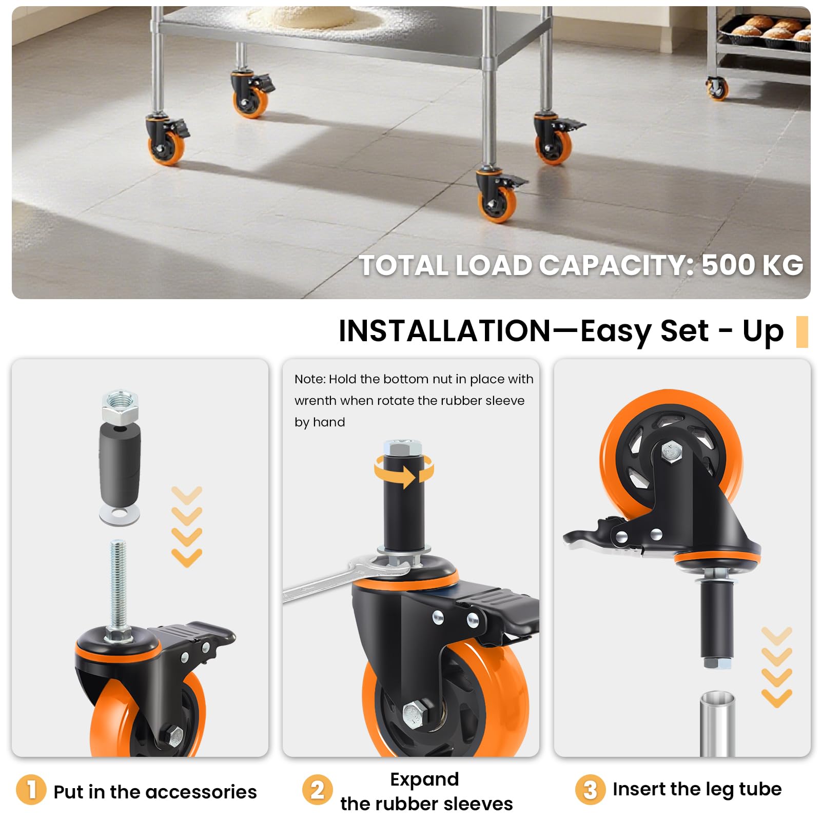 Ruote Per Mobili BAOLIHUI 100 Mm Con Vástago Espandibile E Freno – Adattatori Per Tubi 23/28/34/40 Mm, Portata 500 Kg, Set Da 4, Colore Arancione