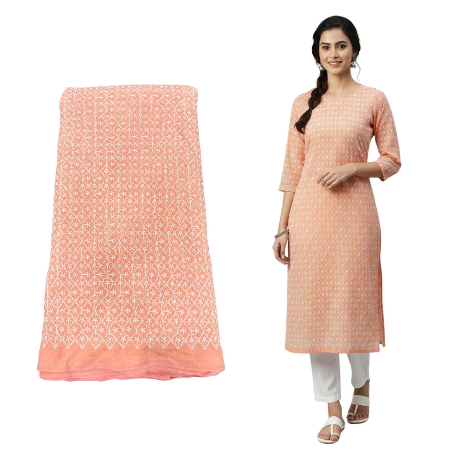 Cotton Chikankari Embroidery Fabric for Kurti, Suits & Dress Material for Women | 2 Meter | White Thread Work | Unstitched | Suitable for Size S to XXL | Width 58", Work 52" (Gajari)-image-43