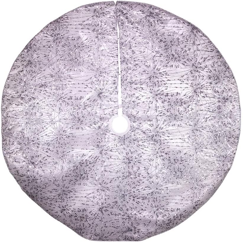 Kurt S. Adler 48-Inch White and Silver Glitter Sequin Treeskirt with Cord