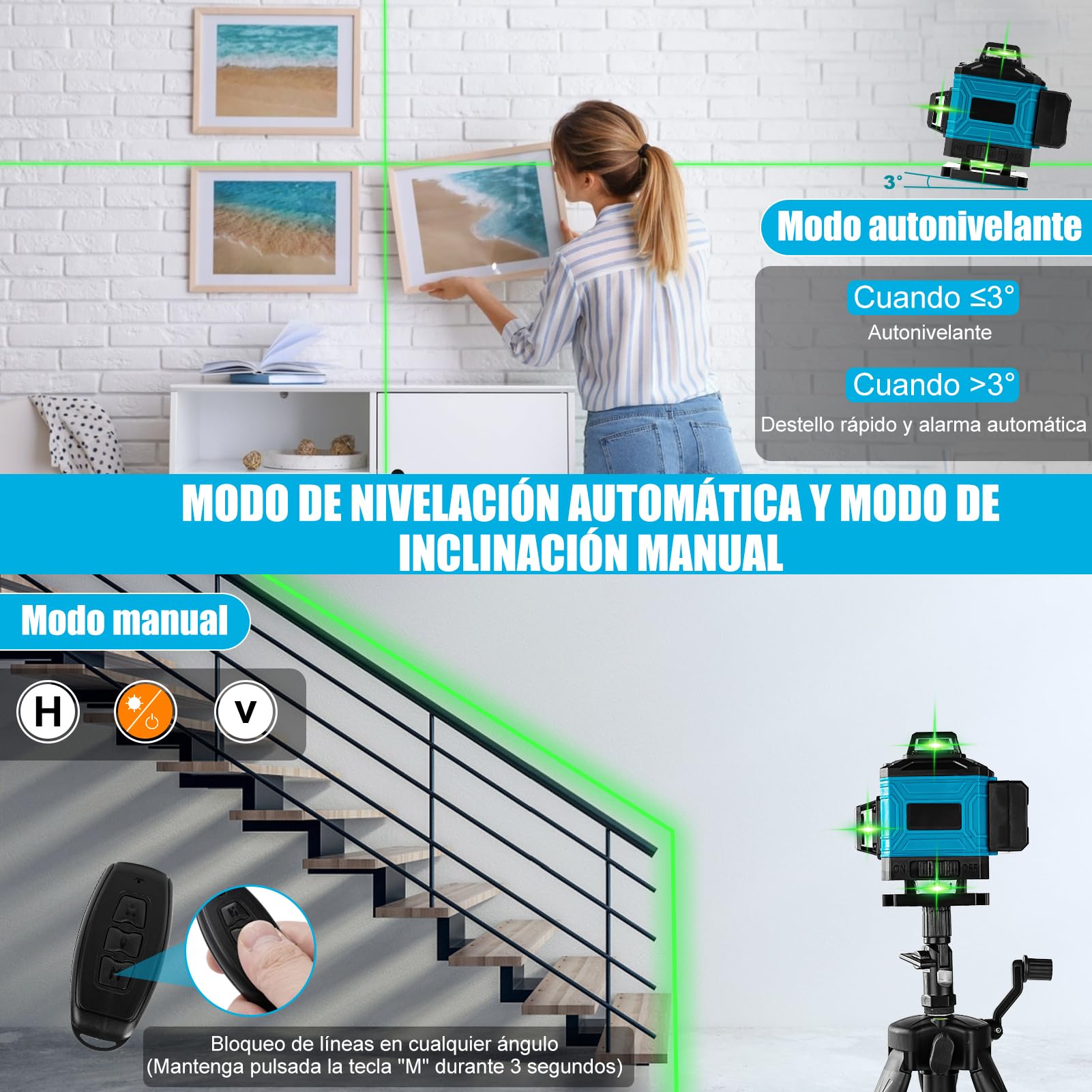 Nivel Laser Autonivelante 360 Grados, Nivel Láser Verde 16 Líneas, Láser de obra horizontal y vertical Haz con control remoto y 2 x 4800mAh Baterías para obras en interiores(azul)