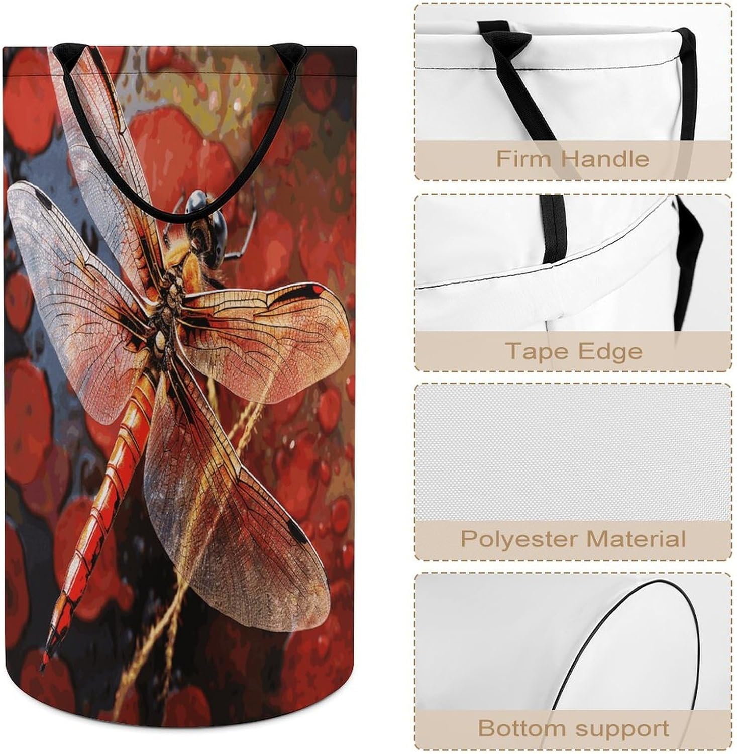 Red DragonflyLaundry Hamper - Large Dirty Clothes Bag.Storage Basket for Easy Carry Handles. Large Clothes Basket with Handles, Clothing Storage Bucket Toy Organizer for Bathroom Bedroom Dorm.