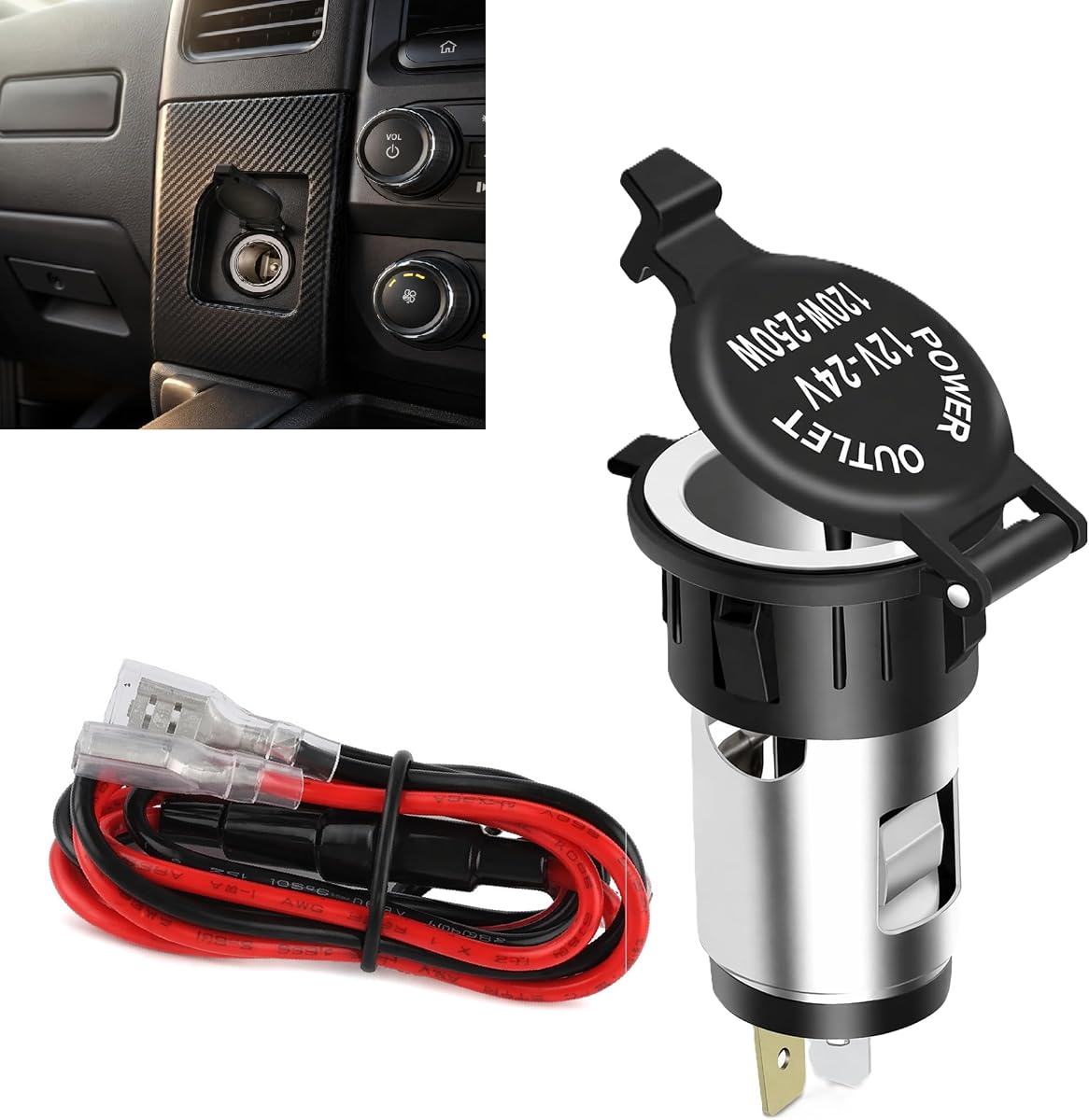 Enchufe para encendedor de cigarrillos, toma de corriente hembra de 12 V, reemplazo impermeable de 12 V CC con arnés de cableado, universal para coche, camión, barco, RV, motocicleta