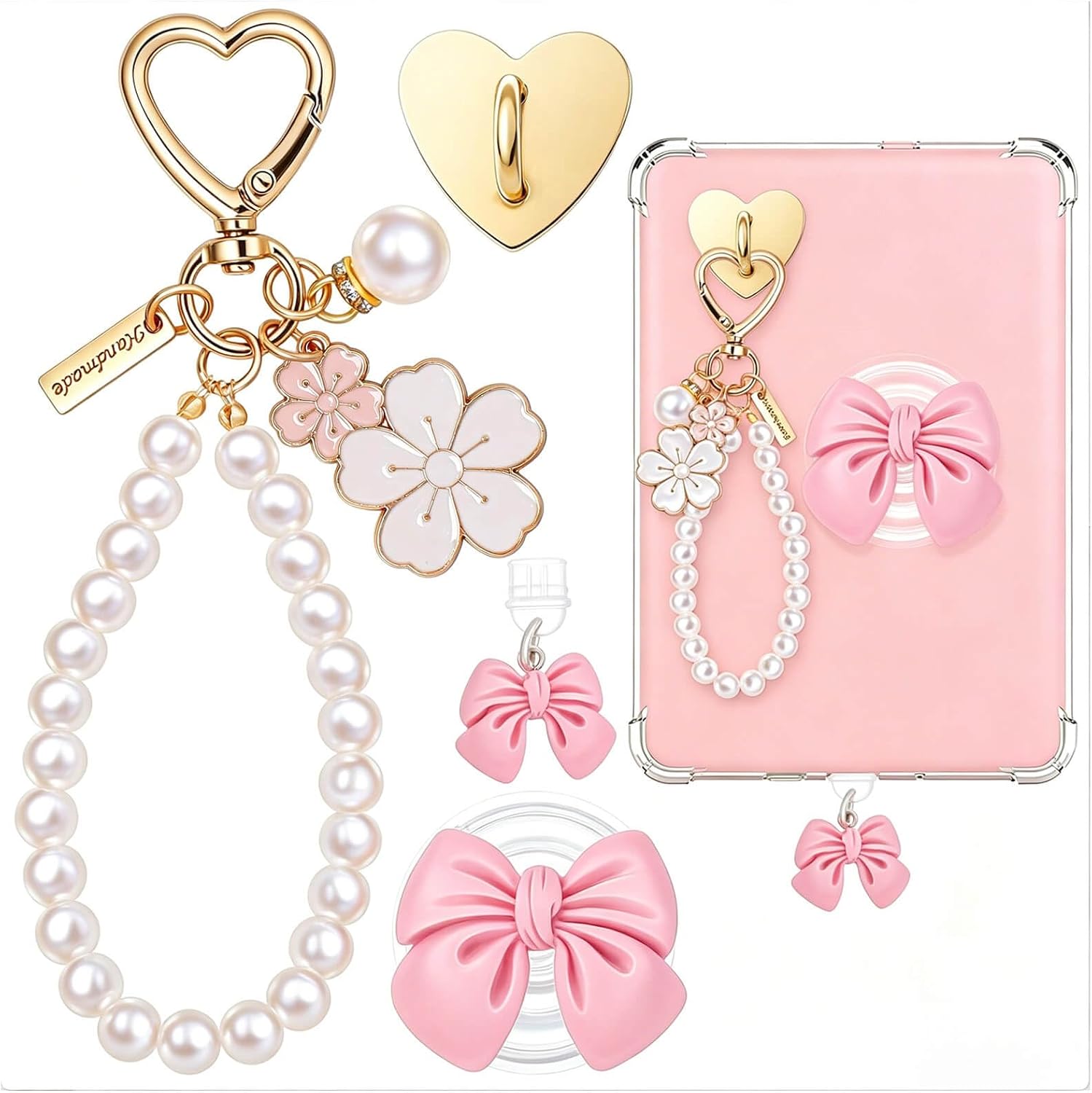 Cute Charm Chains Set with Socket Grip & Type C Dust Plug for Kindle, Phone Charm Bracelet Accessories, Gifts for Readers Booklovers, Charms Compatible for E-Reader