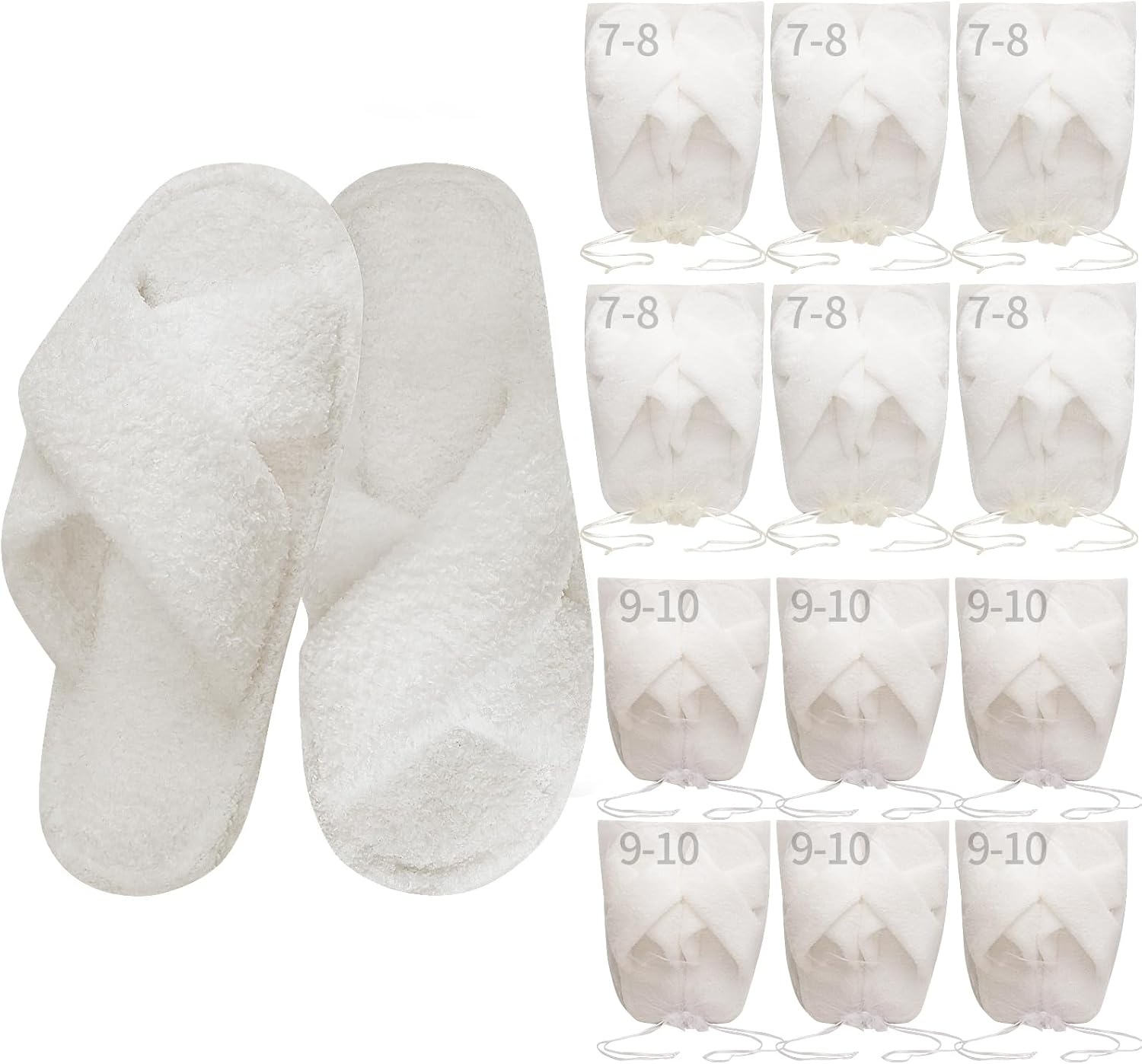 Sophproton 12 Pairs Fuzzy Slippers Wedding Favors Bulk Pack (6 Pairs 7-8 & 6 Pairs 9-10) | Ultra-Soft Plush House Slippers with Cross Band | Non-Slip Indoor/Outdoor Slides for Guests Bridemaids Gift