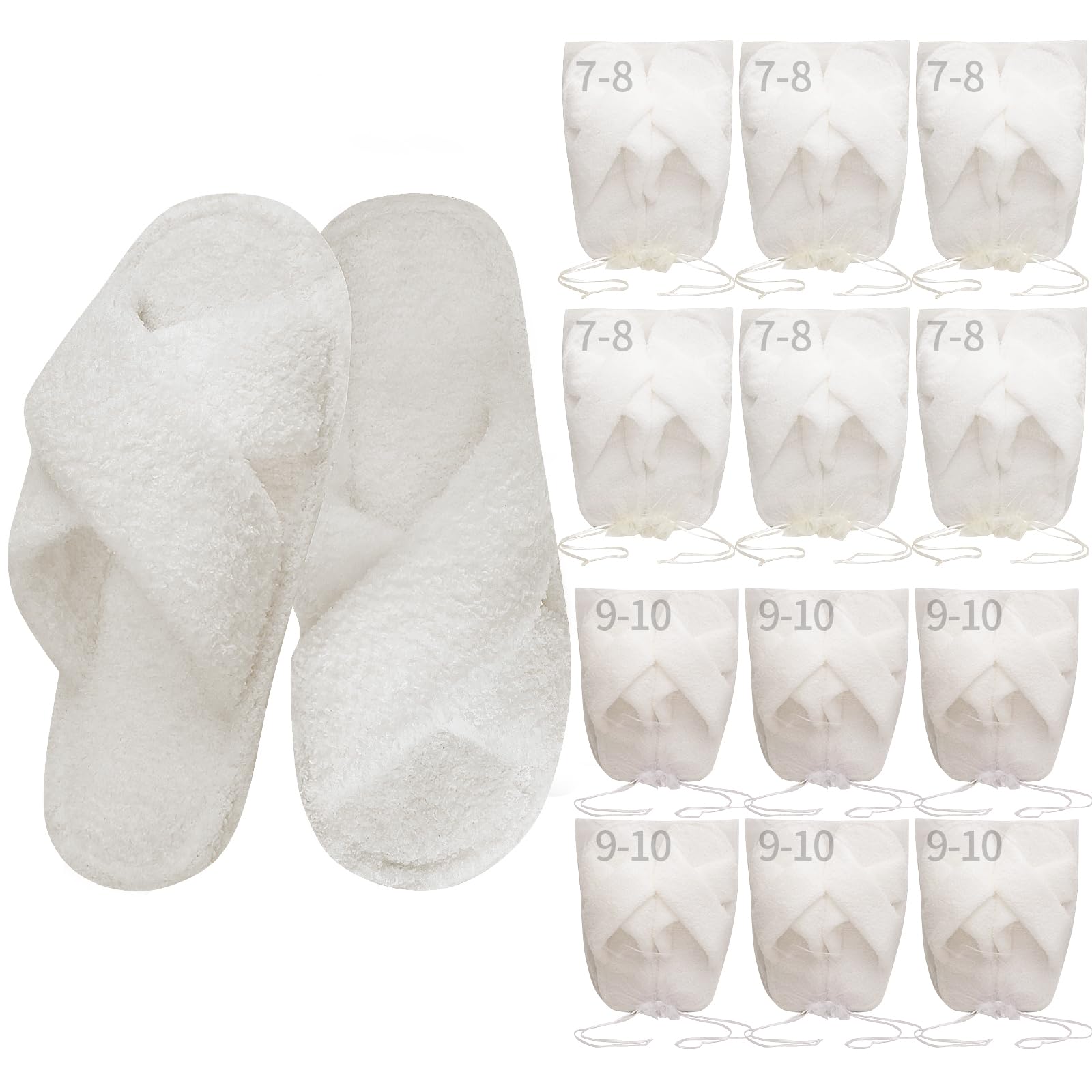 Sophproton 12 Pairs Fuzzy Slippers Wedding Favors Bulk Pack (6 Pairs 7-8 & 6 Pairs 9-10) | Ultra-Soft Plush House Slippers with Cross Band | Non-Slip Indoor/Outdoor Slides for Guests Bridemaids Gift