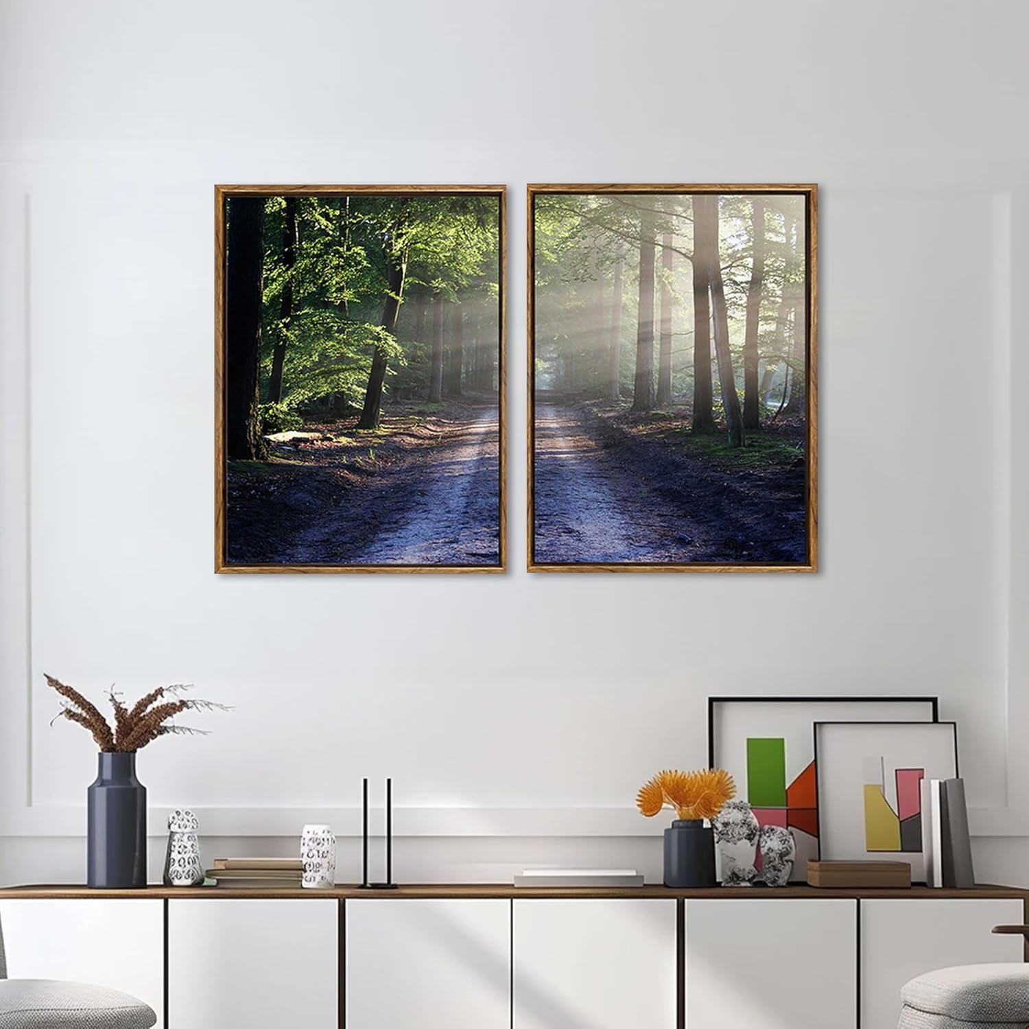 Palette Dreams Framed Green Forest Trail Canvas Print, Sunny Trail Countryside Landscape Wall Art, Modern Countryside Landscape Wall Painting Set for Living Room Bedroom Office 12 x 16 Inch 2 Pieces 12" x 16" Forest