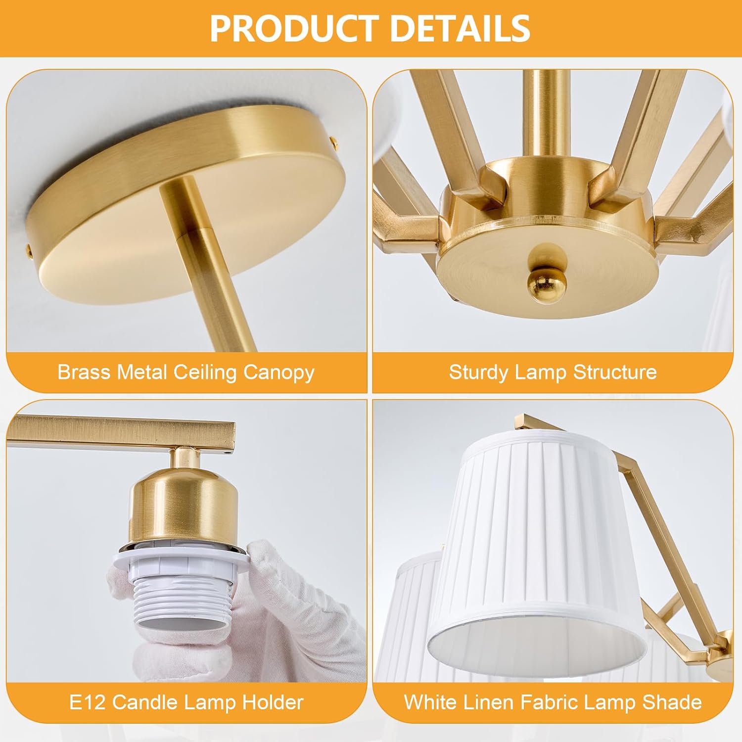 6-Light Brass Chandelier, 27.95in Brushed Gold Chandeliers with White Fabric Shades, Adjustable Rod Hanging Pendant Light Fixture for Kitchen Living Room Dining Room Foyer, E26