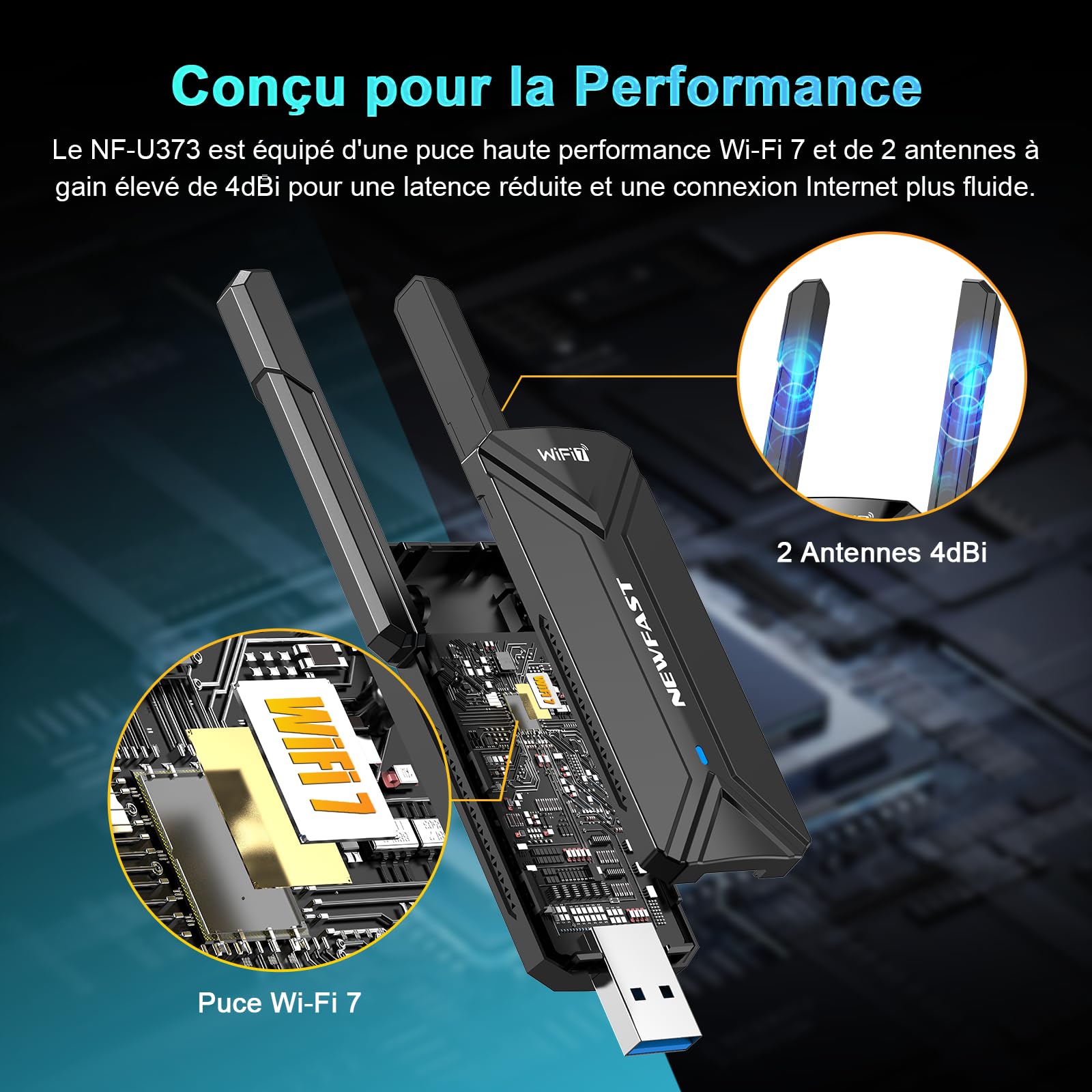 NEWFAST Clé WiFi 7 BE6500 U373 Tri-Bande USB 3.0 WPA3 Adaptateur WiFi pour PC