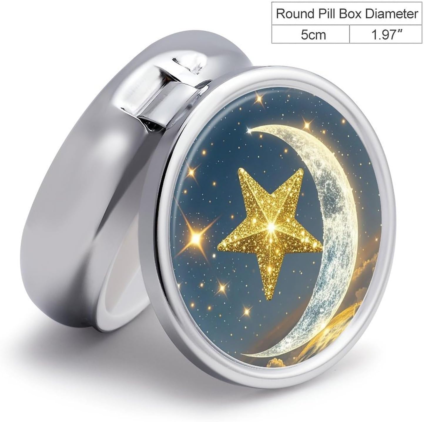 Golden Stars and Moon Round Pill Box, Waterproof Medicine Organizer Box image 2