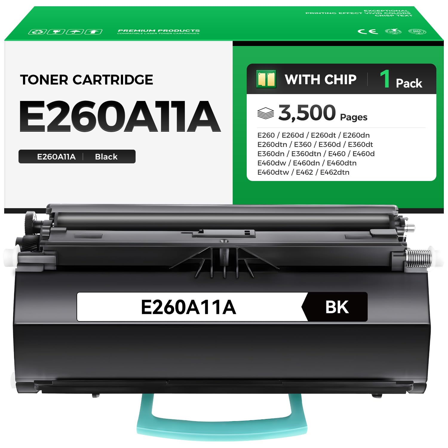 E260A11A Black Toner Cartridge with chip High Yield 1-Pack Replacement for Lexmark E260A11A Compatible with E260 E360 E460 E462 E260d E260dn E260dt