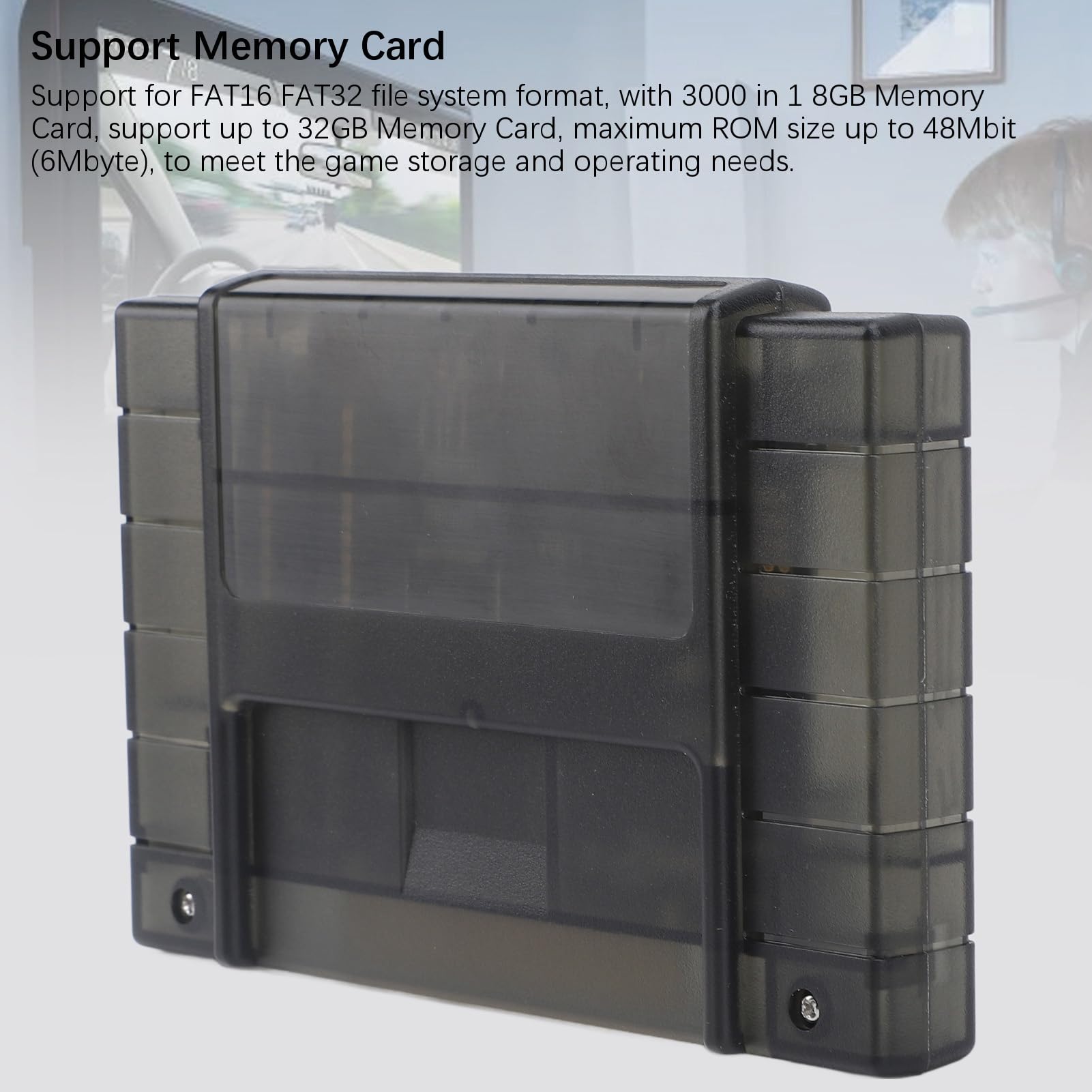 Cartucho de juegos 3000 en 1 V1.0 con tarjeta de memoria de 8 GB para consola SNES, cartucho multijuego compatible con FAT16 y FAT32, función de guardado automático para (Negro transparente)
