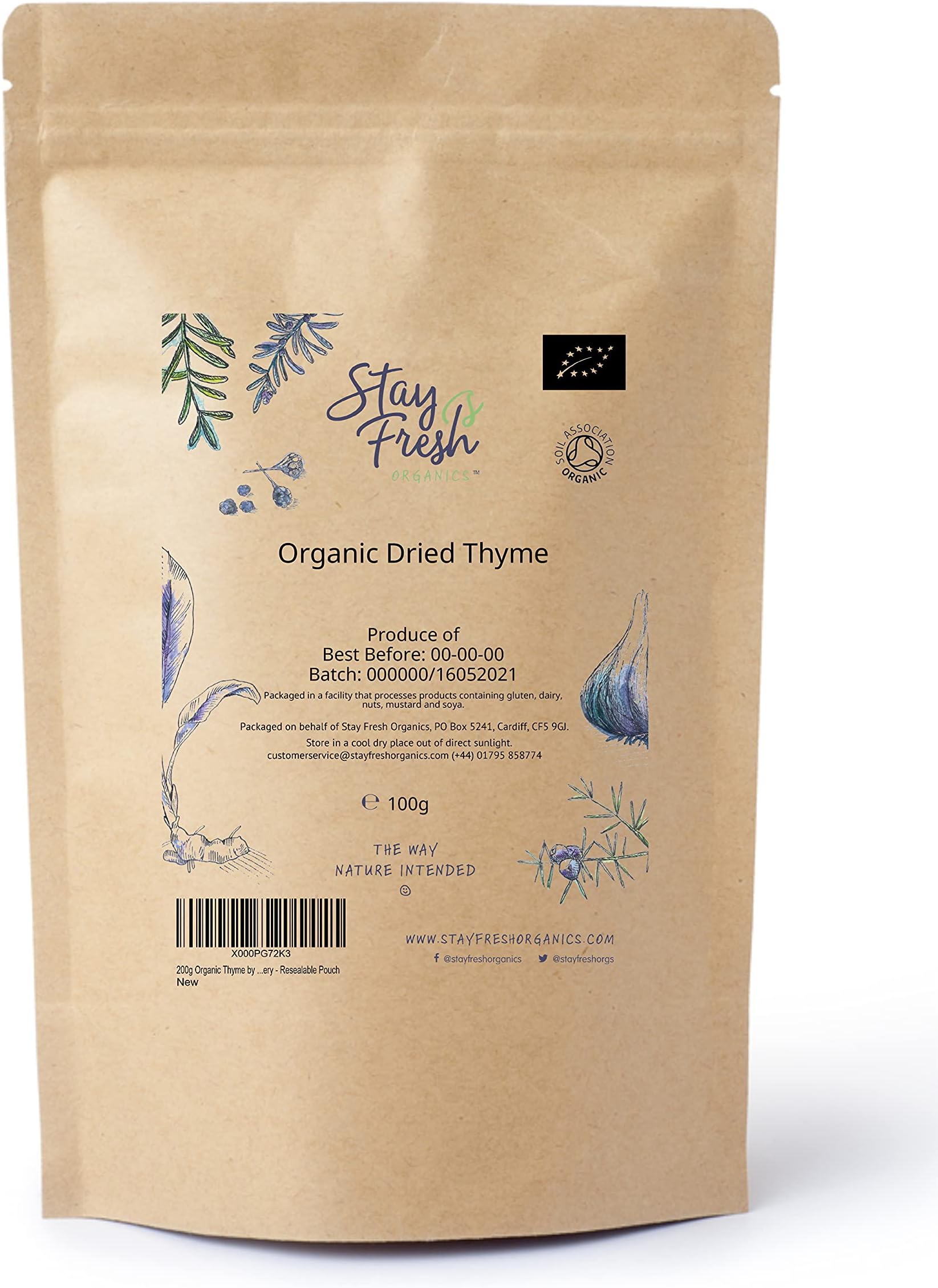 Stay Fresh Organics - 100g Organic Dried Thyme - Resealable Pouch - Tested for Heavy Metals - Certified by Soil Association