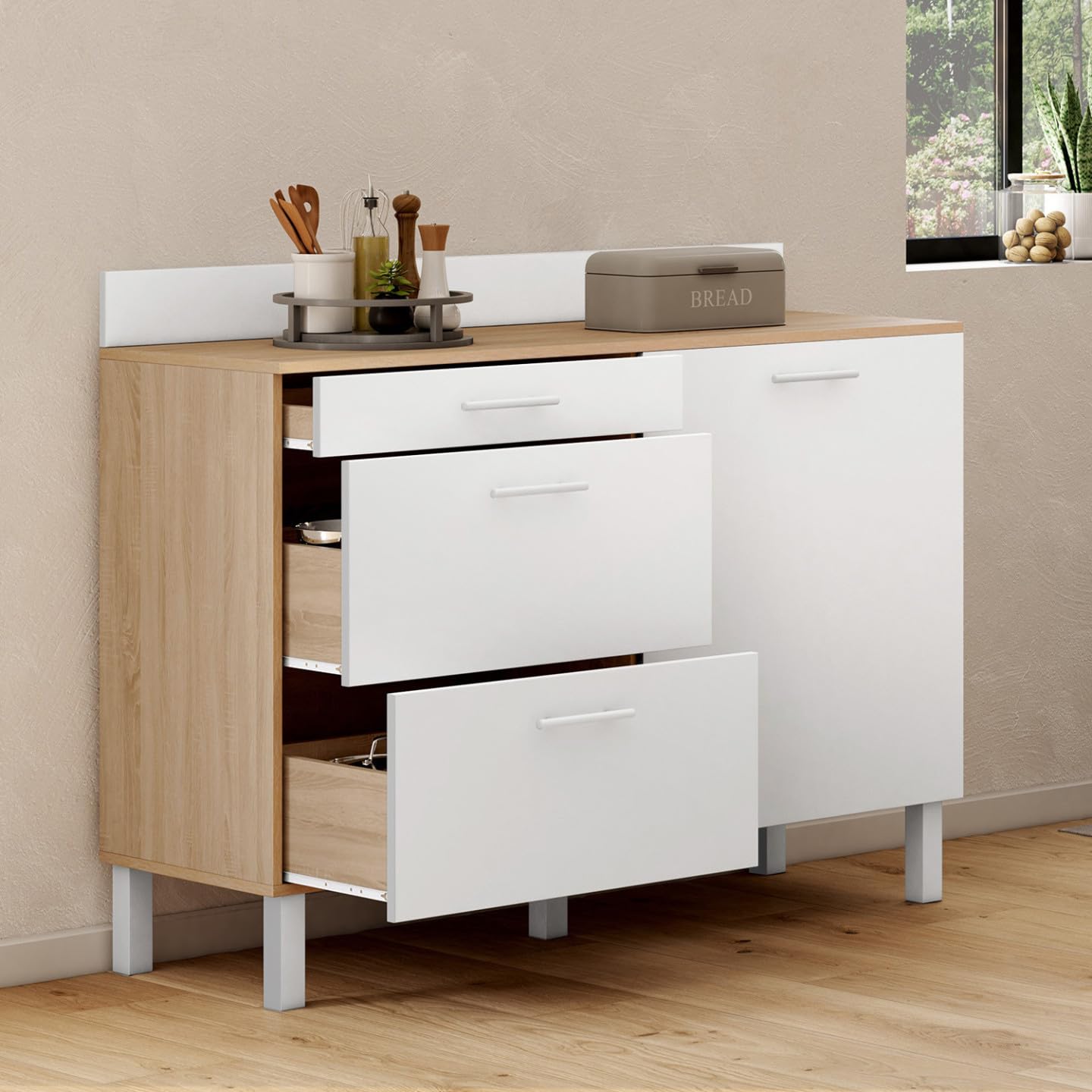 IDMarket - Buffet Bas de Cuisine 120 cm casserolier CINA Plan de Travail H.83 cm 1 Porte + 3 tiroirs façon hêtre et Blanc