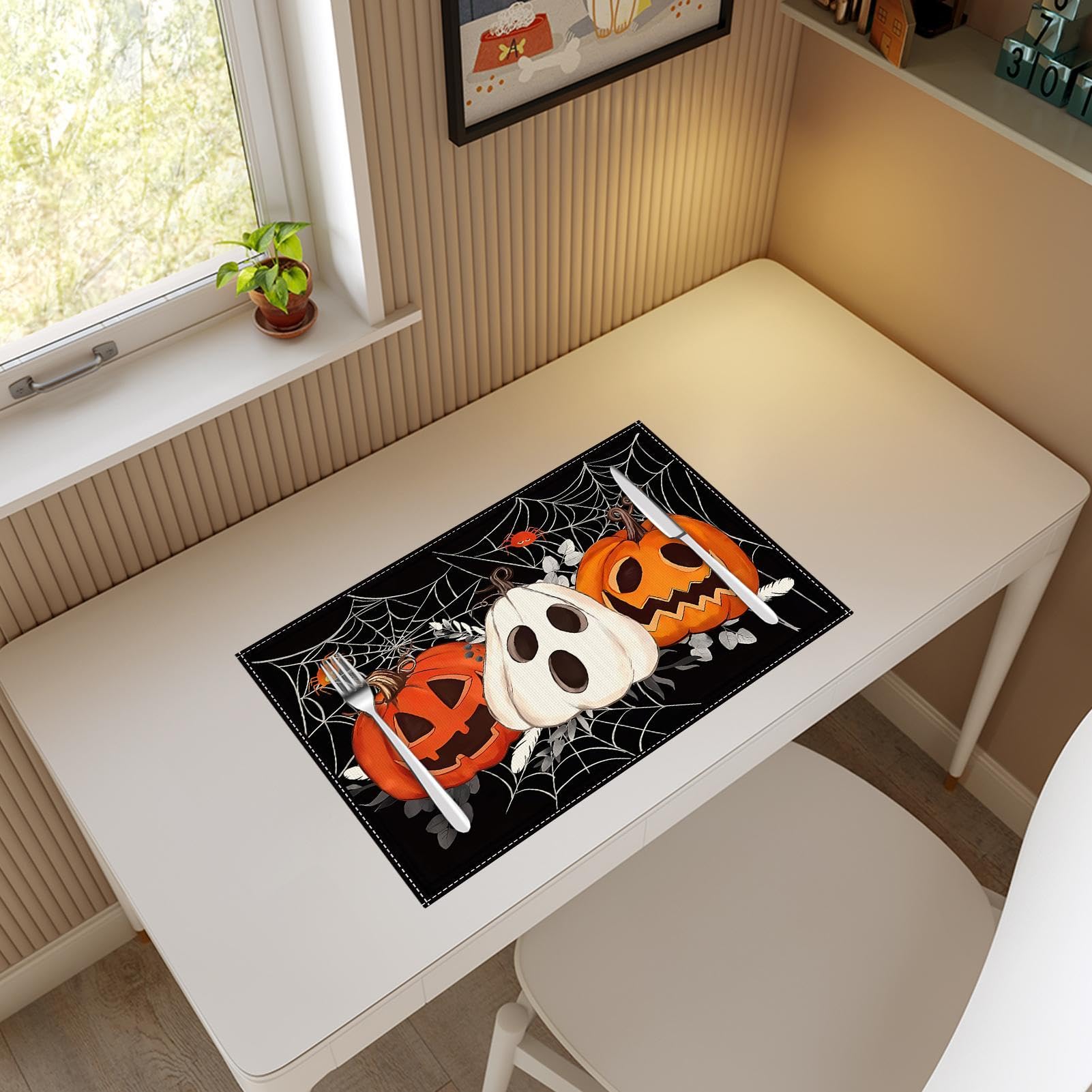 Totenkopf Schürzen & Tischsets Set – Lustige Party-Motive (schwarze Katze, Kürbis), Für Küche, BBQ & Feiern