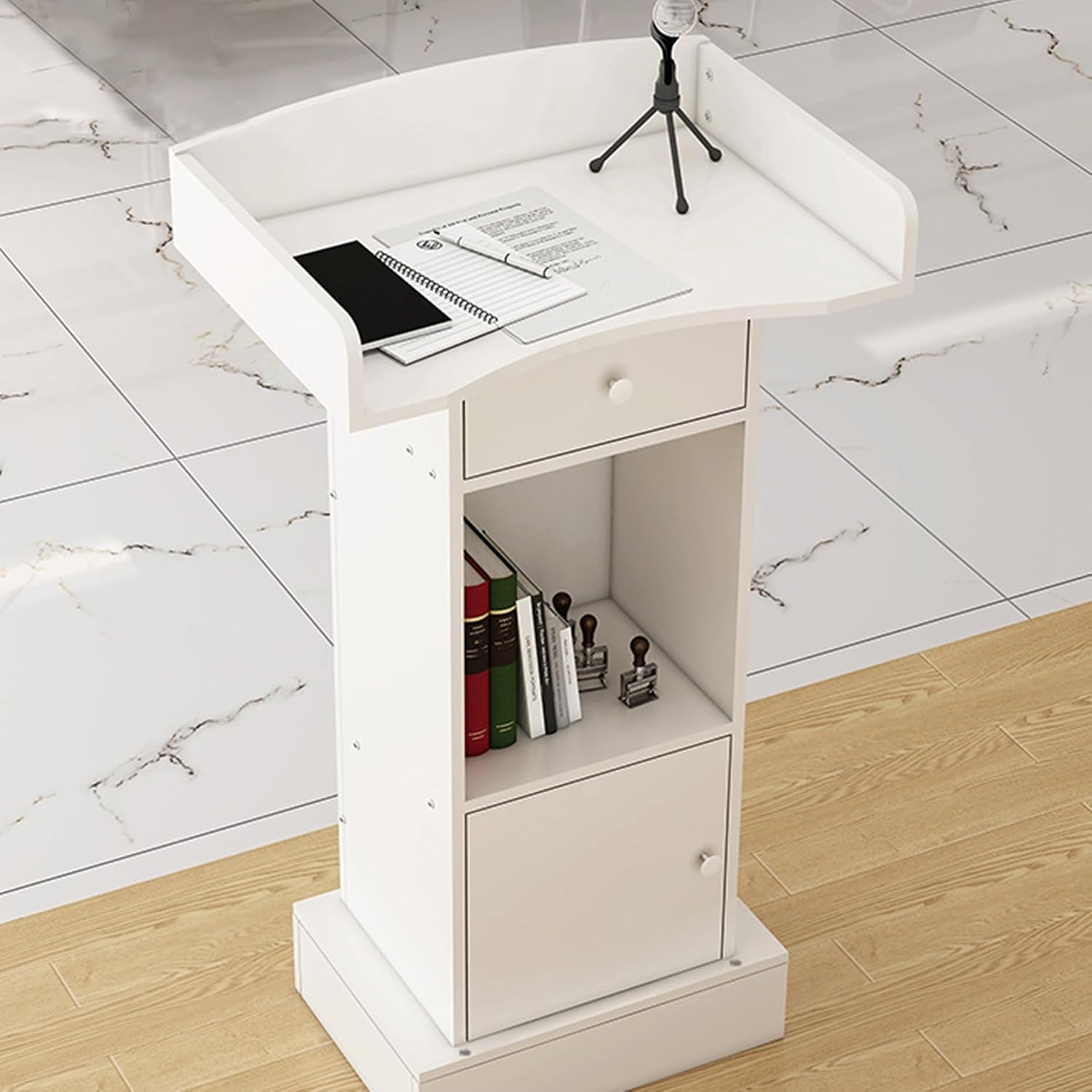 Podium Stand for Classroom,Small Reception Desk,Pulpit Podium,Checkout Stand,Tall Table Sstand,Cash Register Stand with Wooden Base,Hostess Stand Desk,for Lectern,Churches,Presentation,Office(White)
